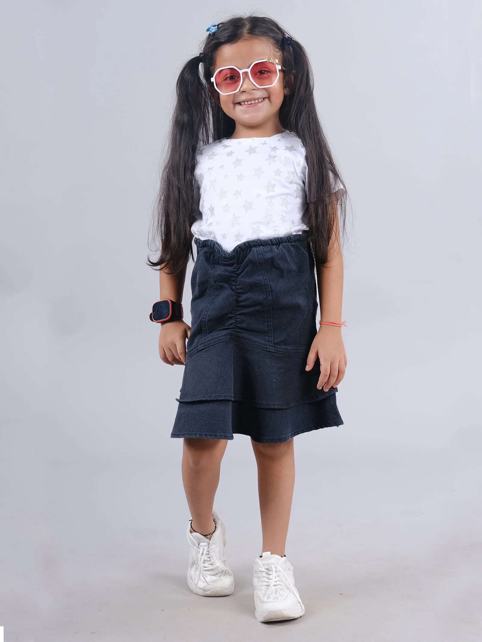 Girls Half Sleeve AOP Tee & Denim Ruffle Skirt Set