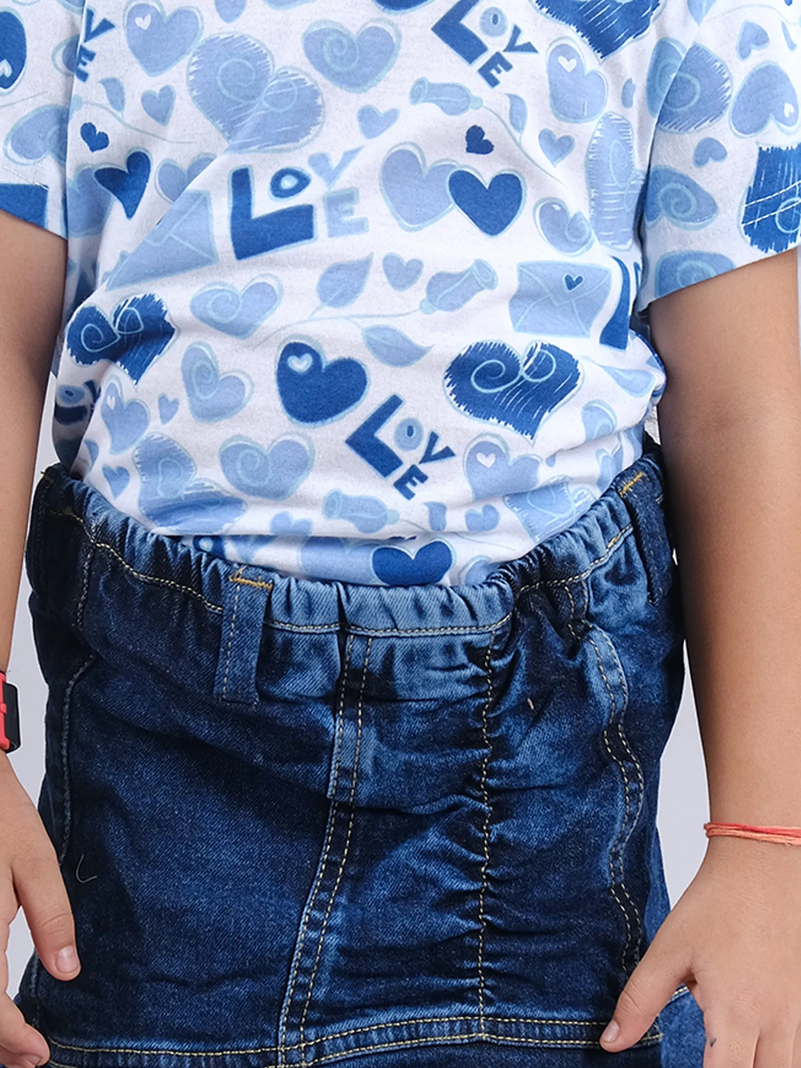 Girls Half Sleeve AOP Tee & Denim Ruffle Skirt Set