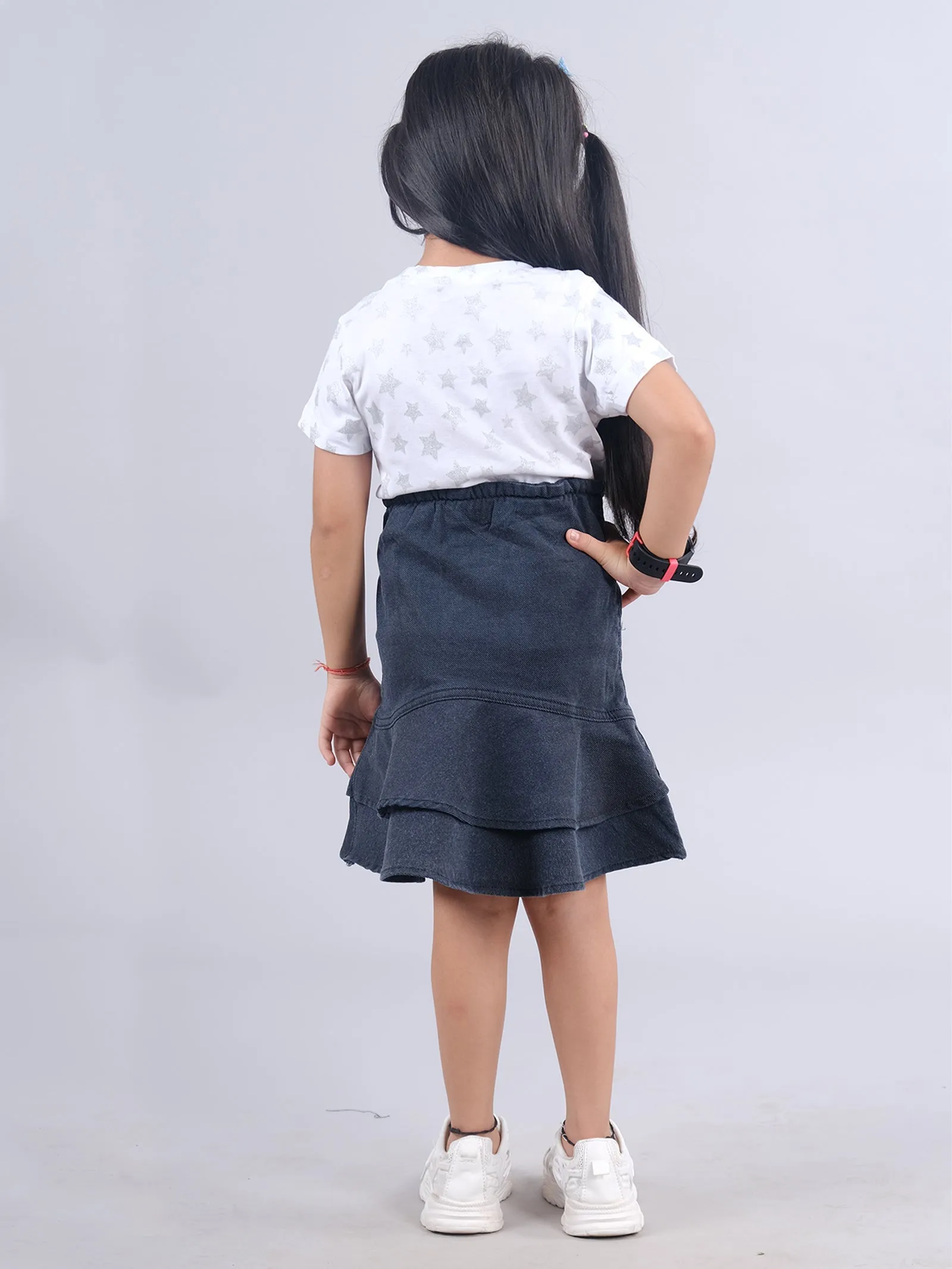 Girls Half Sleeve AOP Tee & Denim Ruffle Skirt Set