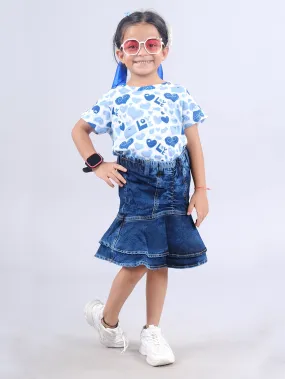 Girls Half Sleeve AOP Tee & Denim Ruffle Skirt Set