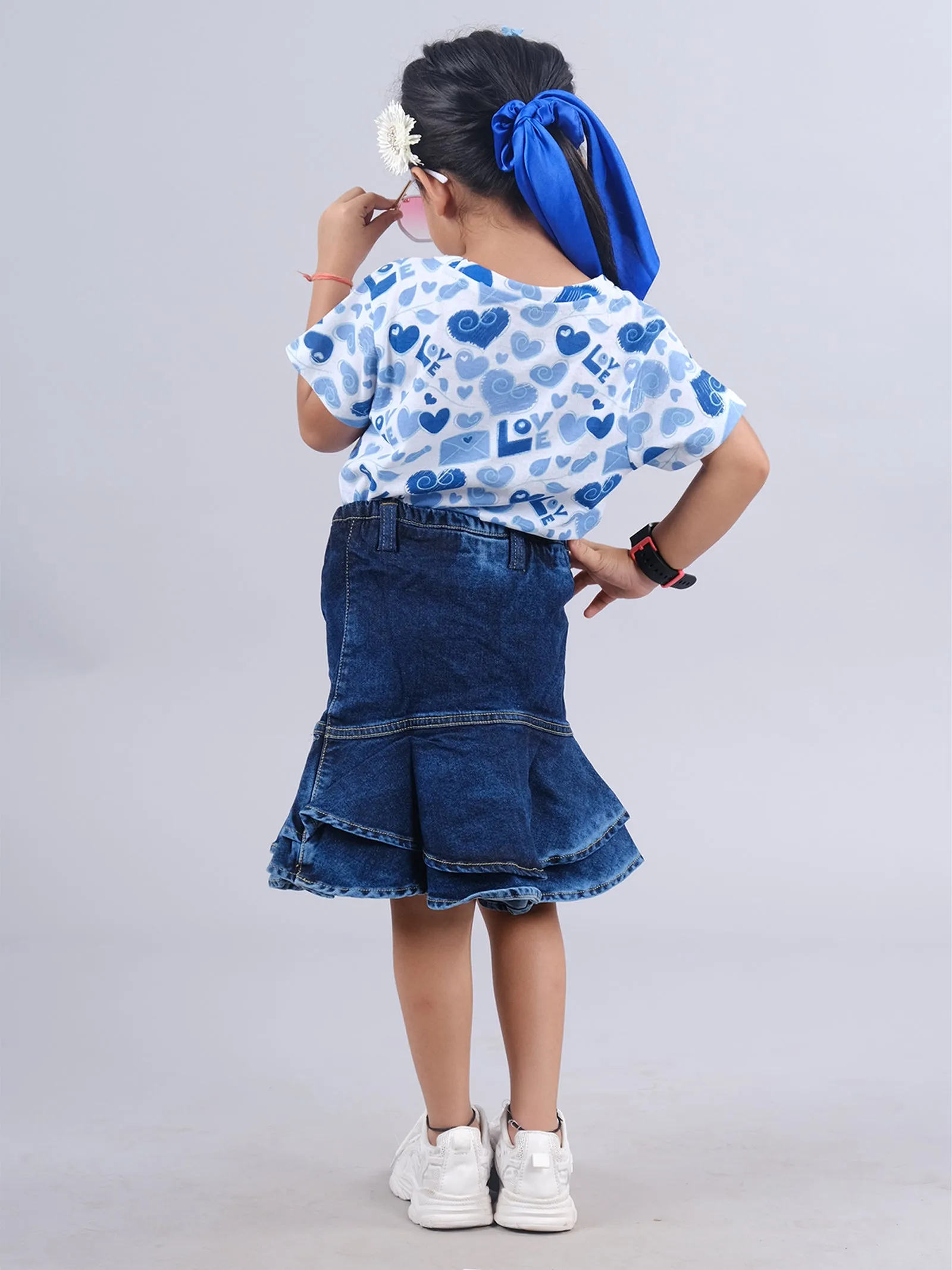 Girls Half Sleeve AOP Tee & Denim Ruffle Skirt Set