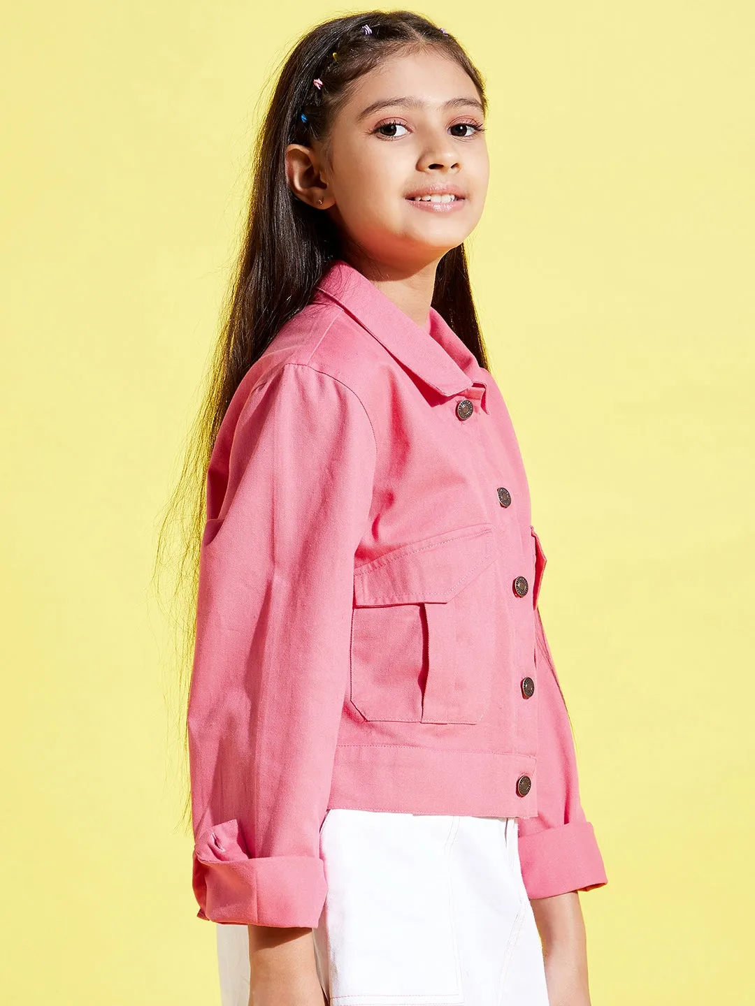 Girls Pink Front Button Twill Jacket