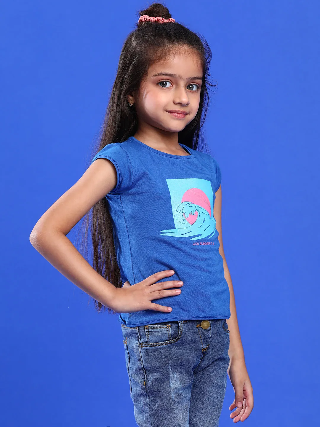 Girls Printed Royal Blue Cotton Regular Fit T-Shirts