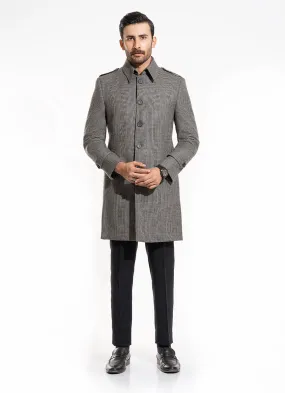 Glen Plaid Checks-Iron Grey, Wool Rich Worsted Tweed Long Coat