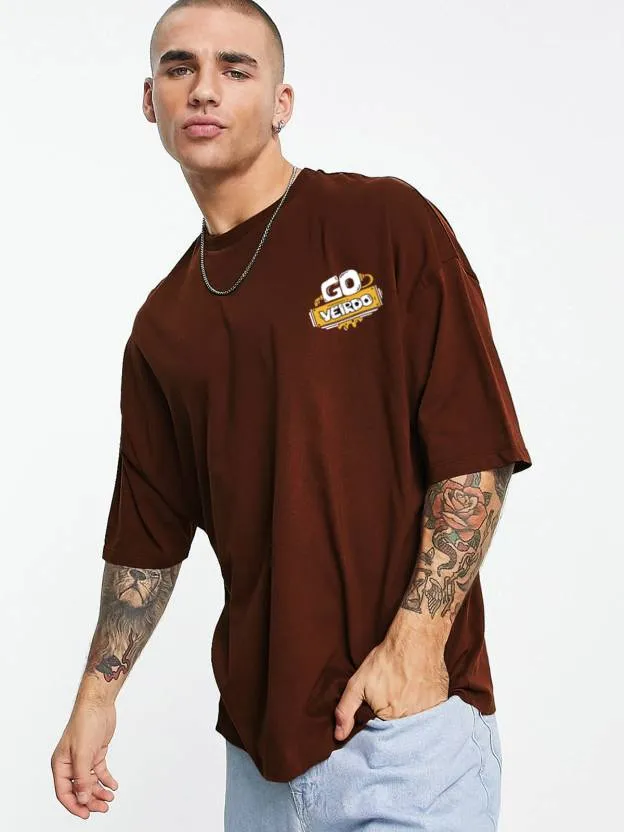 Go Veirdo Brown Oversized Pocket Graphic Printed Tshirt