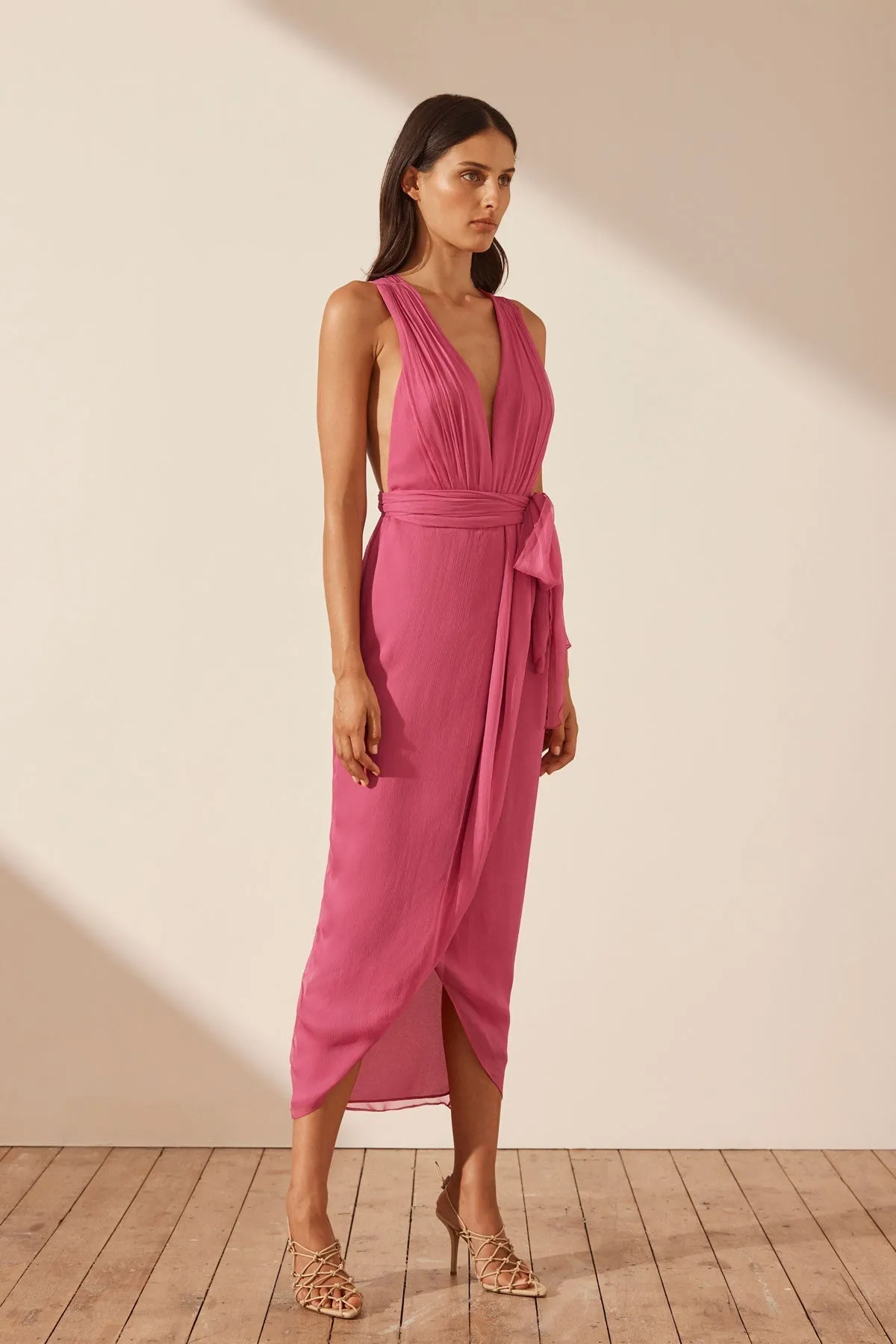 ISOLA PLUNGED CROSS BACK MIDI DRESS - IBIS ROSE