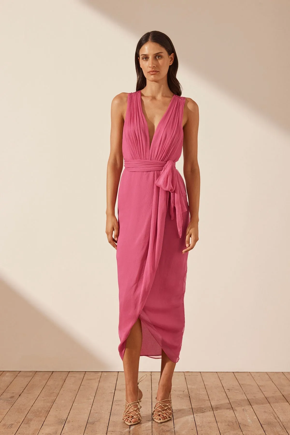 ISOLA PLUNGED CROSS BACK MIDI DRESS - IBIS ROSE