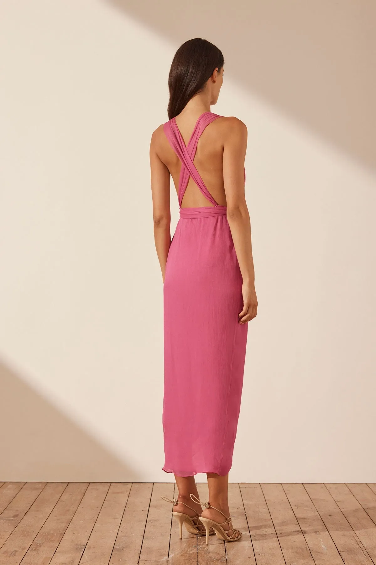 ISOLA PLUNGED CROSS BACK MIDI DRESS - IBIS ROSE