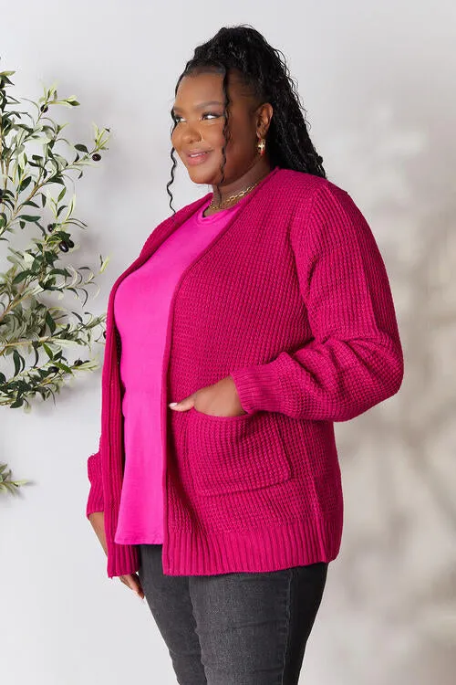 Magenta Waffle-Knit Open Front Cardigan