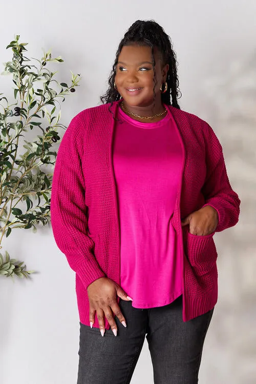 Magenta Waffle-Knit Open Front Cardigan