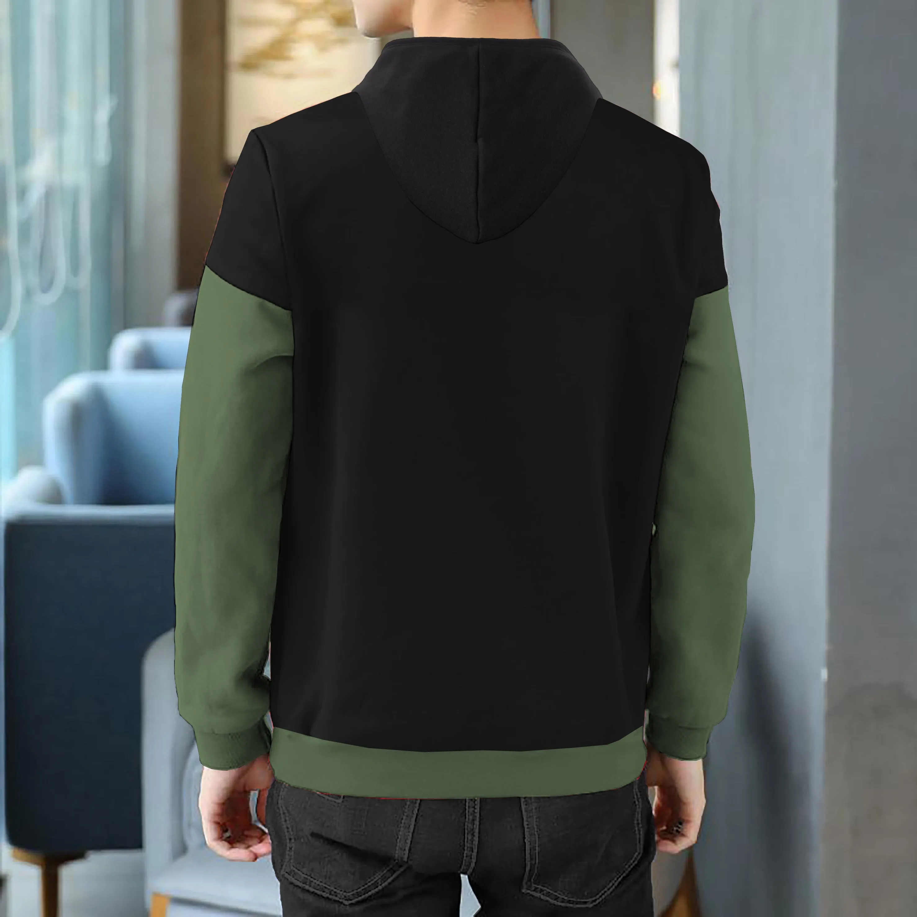 men Black Olive Green Hooded T-shirt