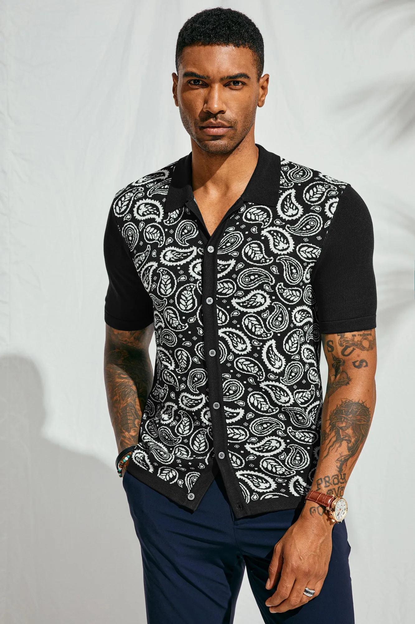 Men Contrast Color Cardigan Short Sleeve Lapel Collar Button-up Knitwear