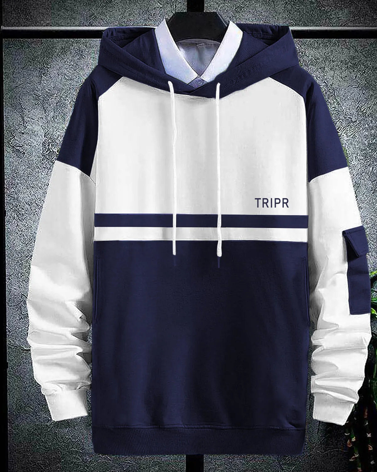 men hooded navy blue-White Sweatshirt