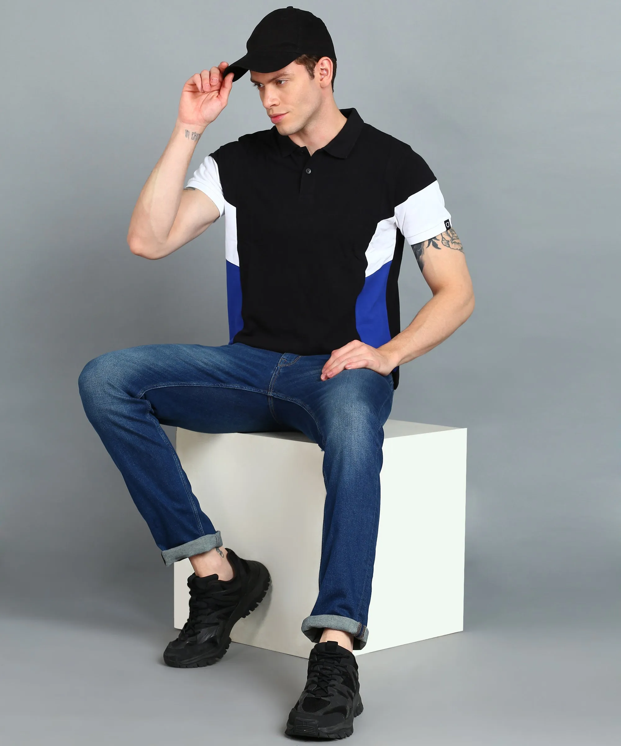 Men's Black, White, Royal Blue Colour-Block Slim Fit Half Sleeve Cotton Polo T-Shirt