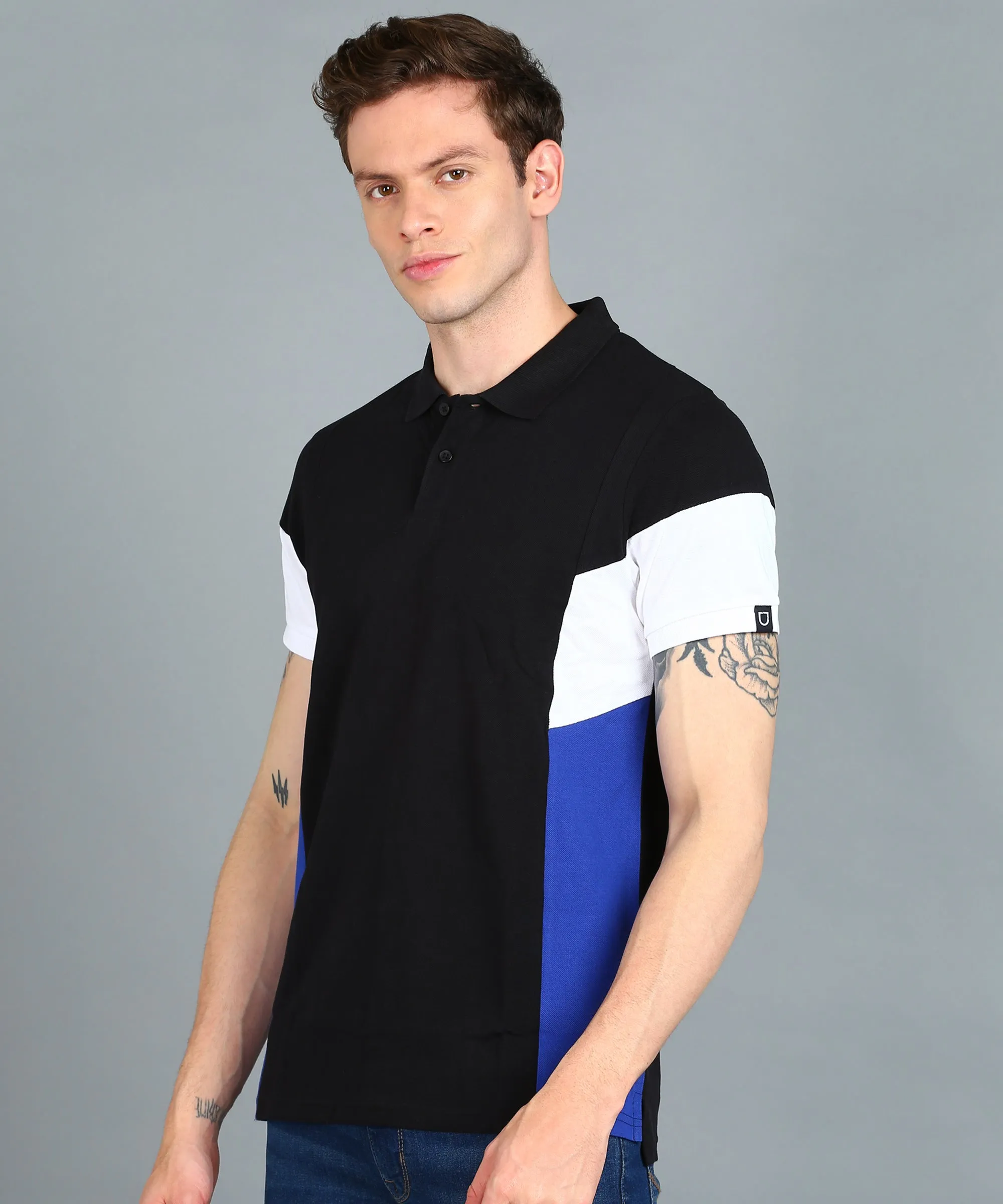 Men's Black, White, Royal Blue Colour-Block Slim Fit Half Sleeve Cotton Polo T-Shirt