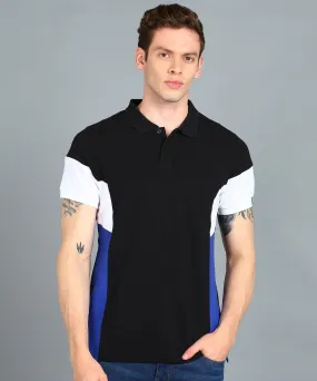 Men's Black, White, Royal Blue Colour-Block Slim Fit Half Sleeve Cotton Polo T-Shirt