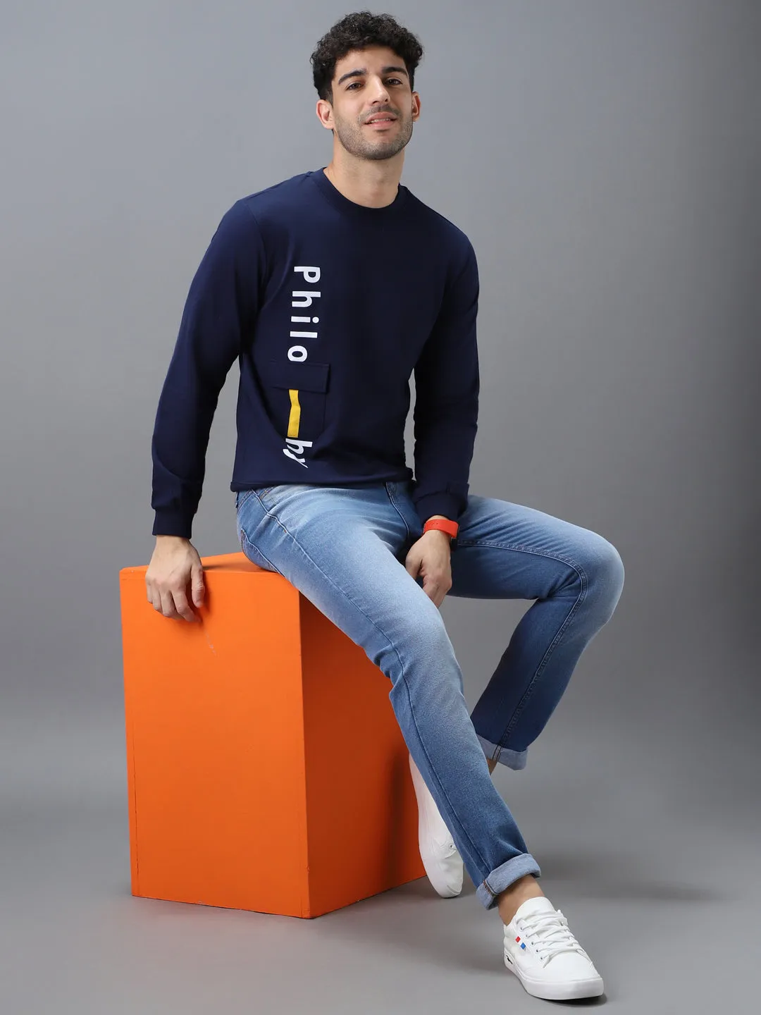 Men's Blue Cotton Graphic Print Round Neck Sweatshirt