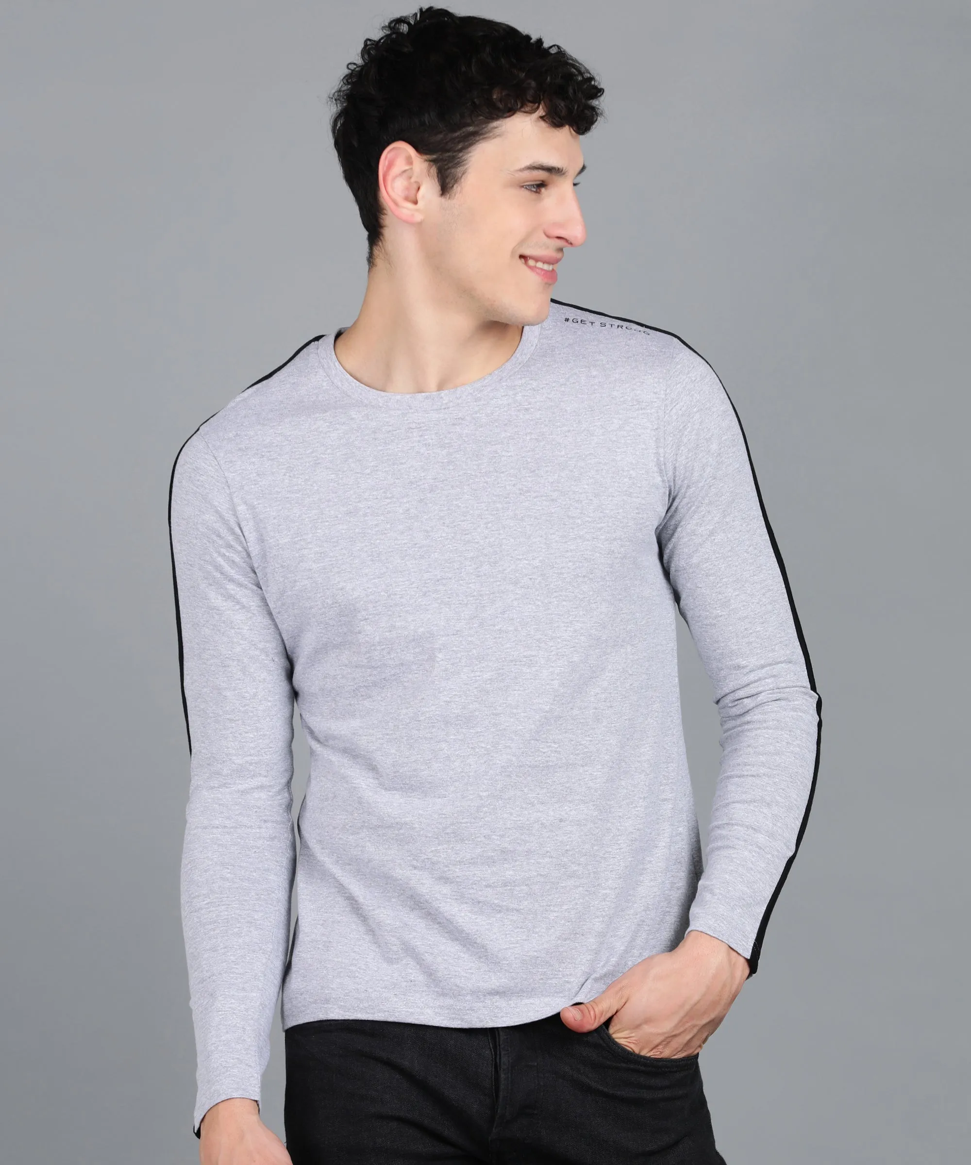 Men's Color-Block Grey Round Neck Full Sleeve Slim Fit Cotton T-Shirt