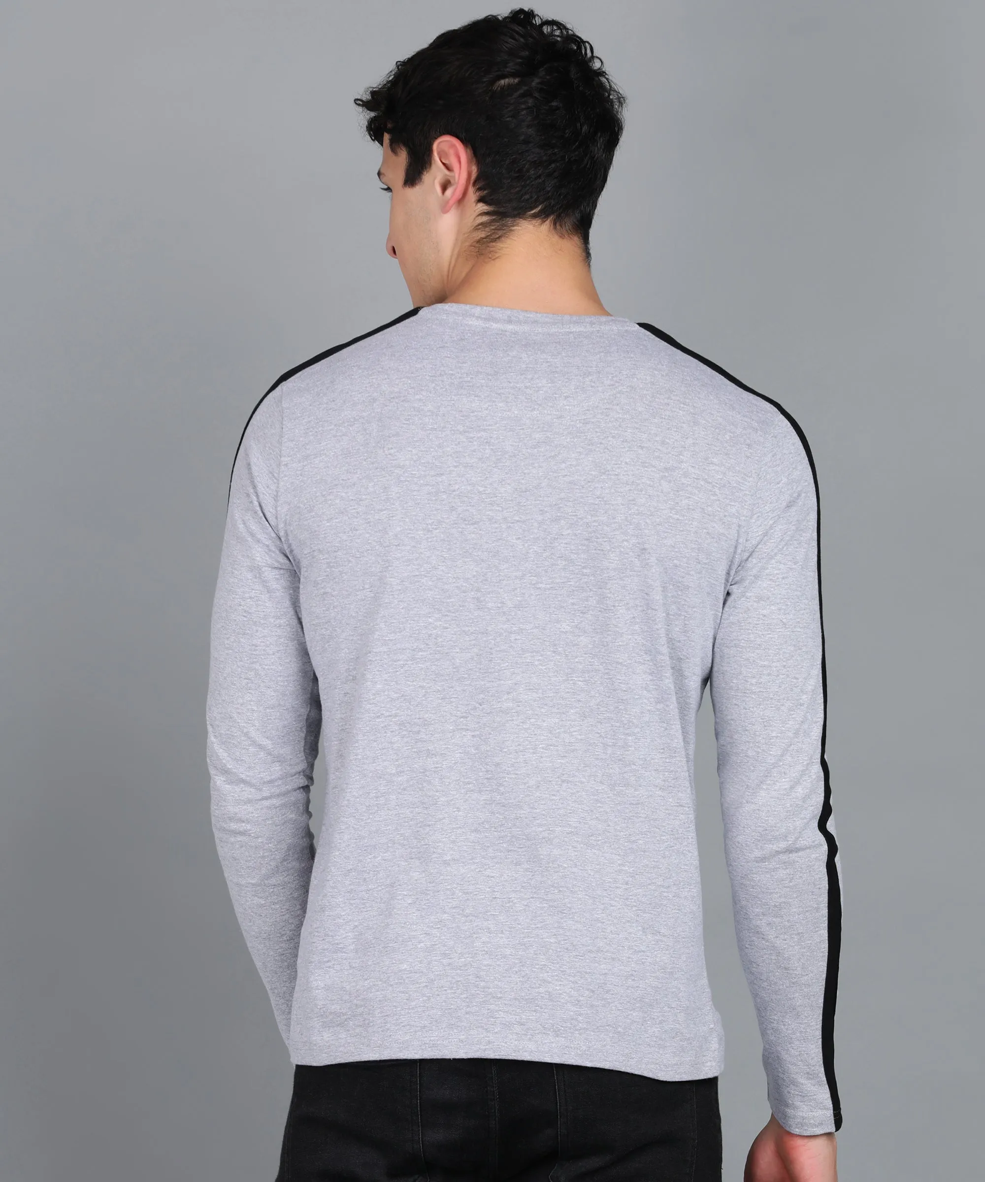 Men's Color-Block Grey Round Neck Full Sleeve Slim Fit Cotton T-Shirt