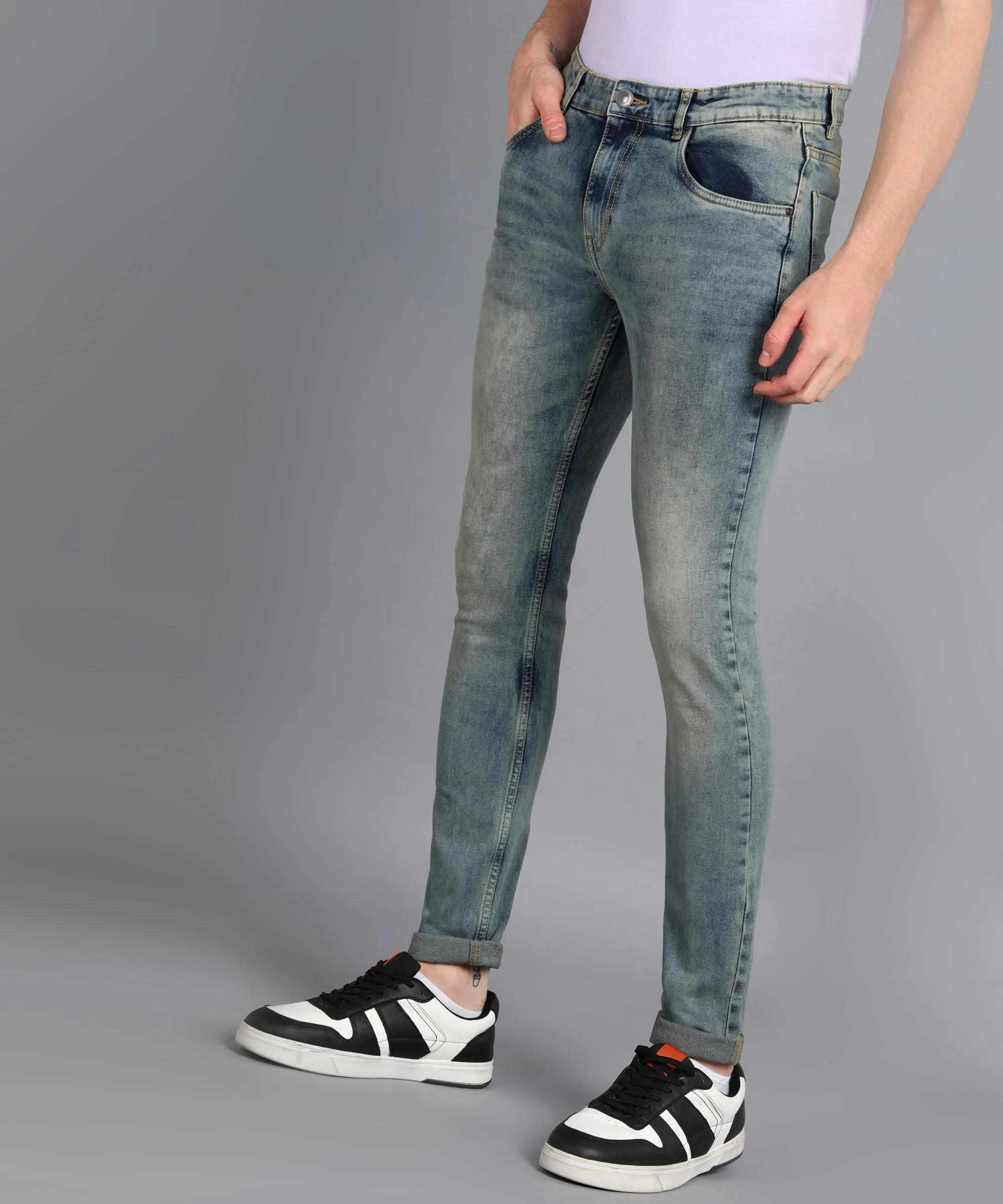 Men's Light Blue Skinny Fit Washed Jeans Stretchable