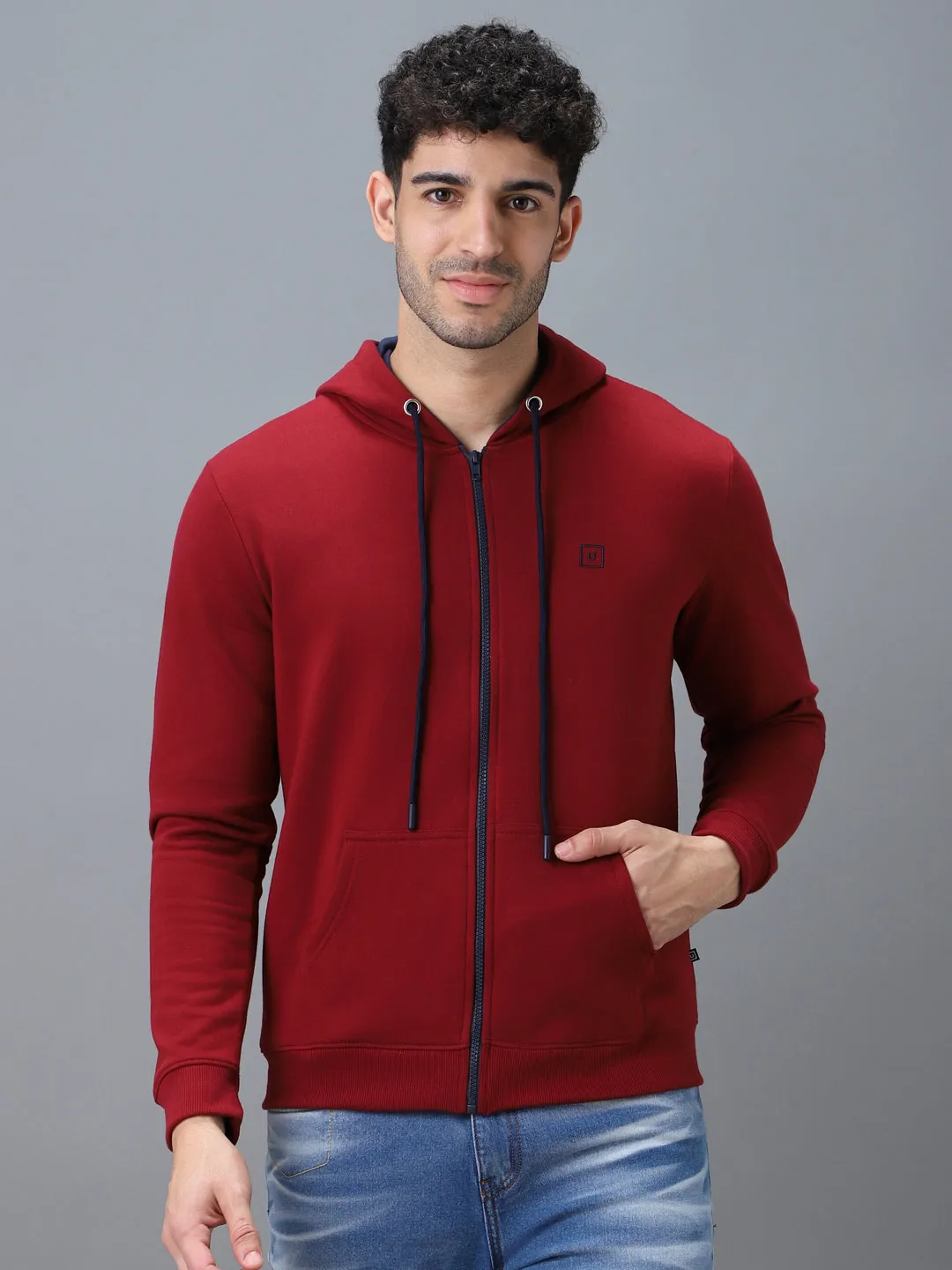 Men's Maroon, Navy Cotton Zippered Hooded Sweatshirt