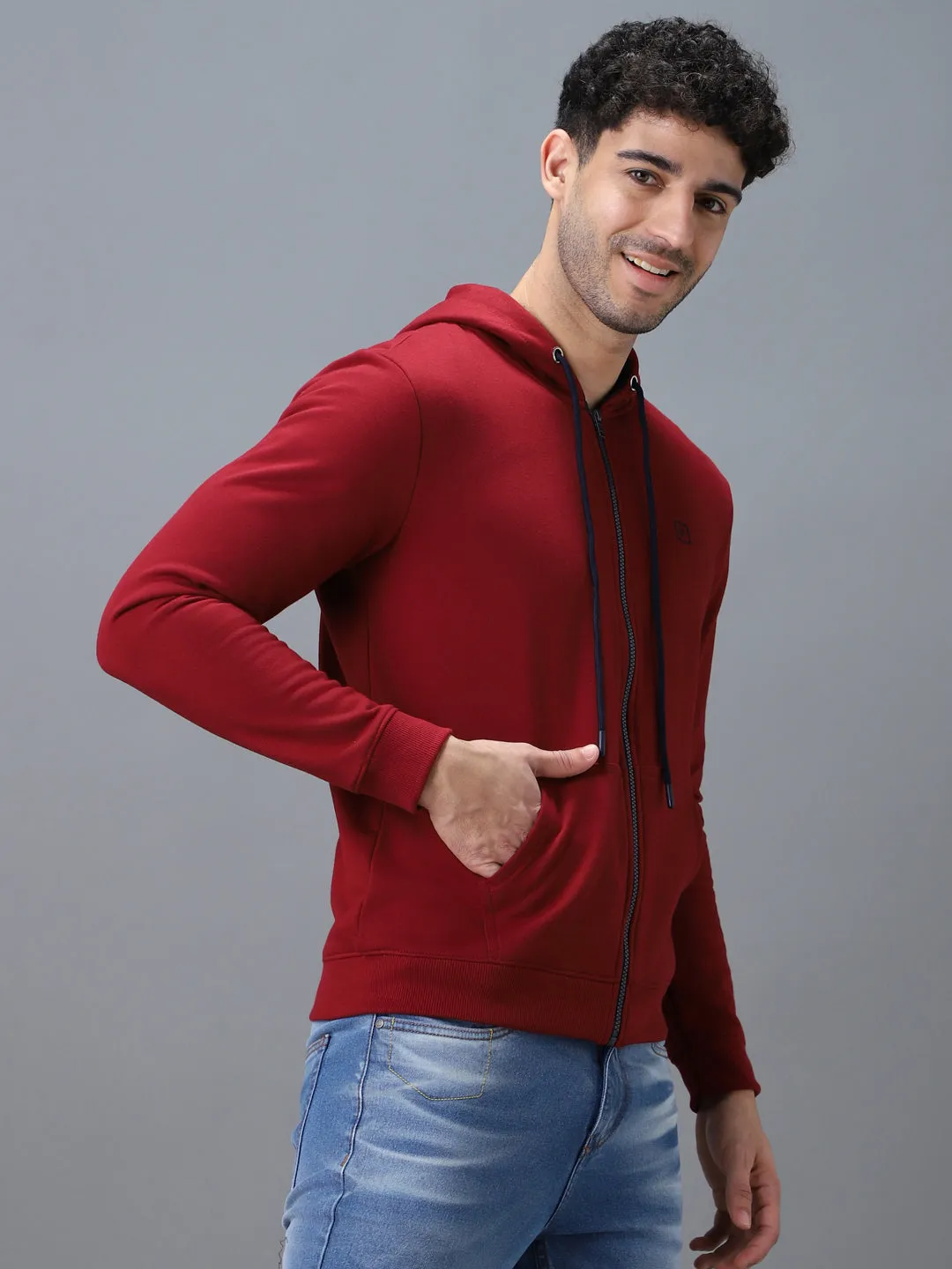 Men's Maroon, Navy Cotton Zippered Hooded Sweatshirt