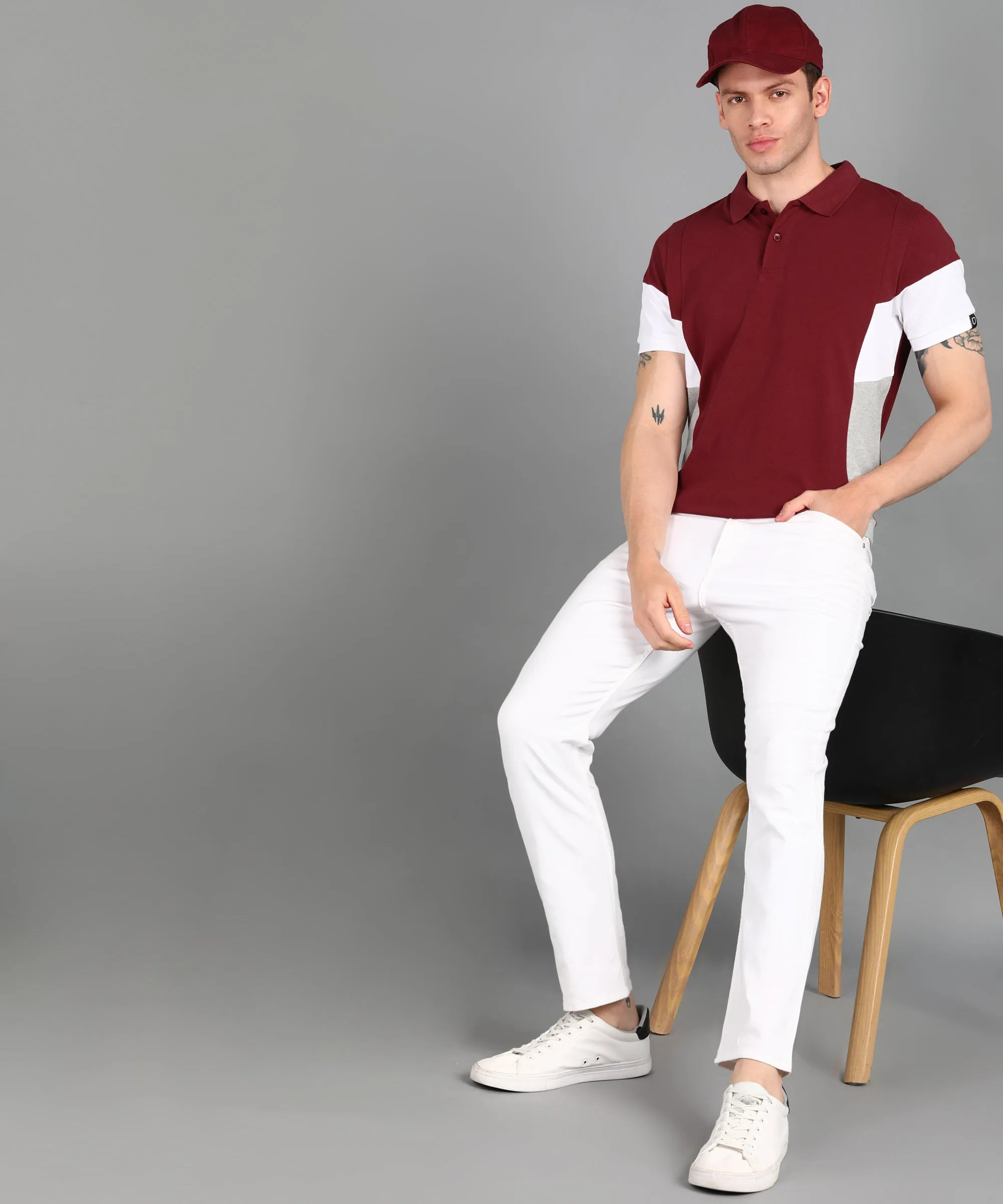 Men's Maroon, White, Grey Melange Colour-Block Slim Fit Half Sleeve Cotton Polo T-Shirt