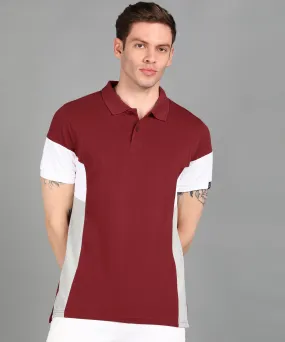 Men's Maroon, White, Grey Melange Colour-Block Slim Fit Half Sleeve Cotton Polo T-Shirt