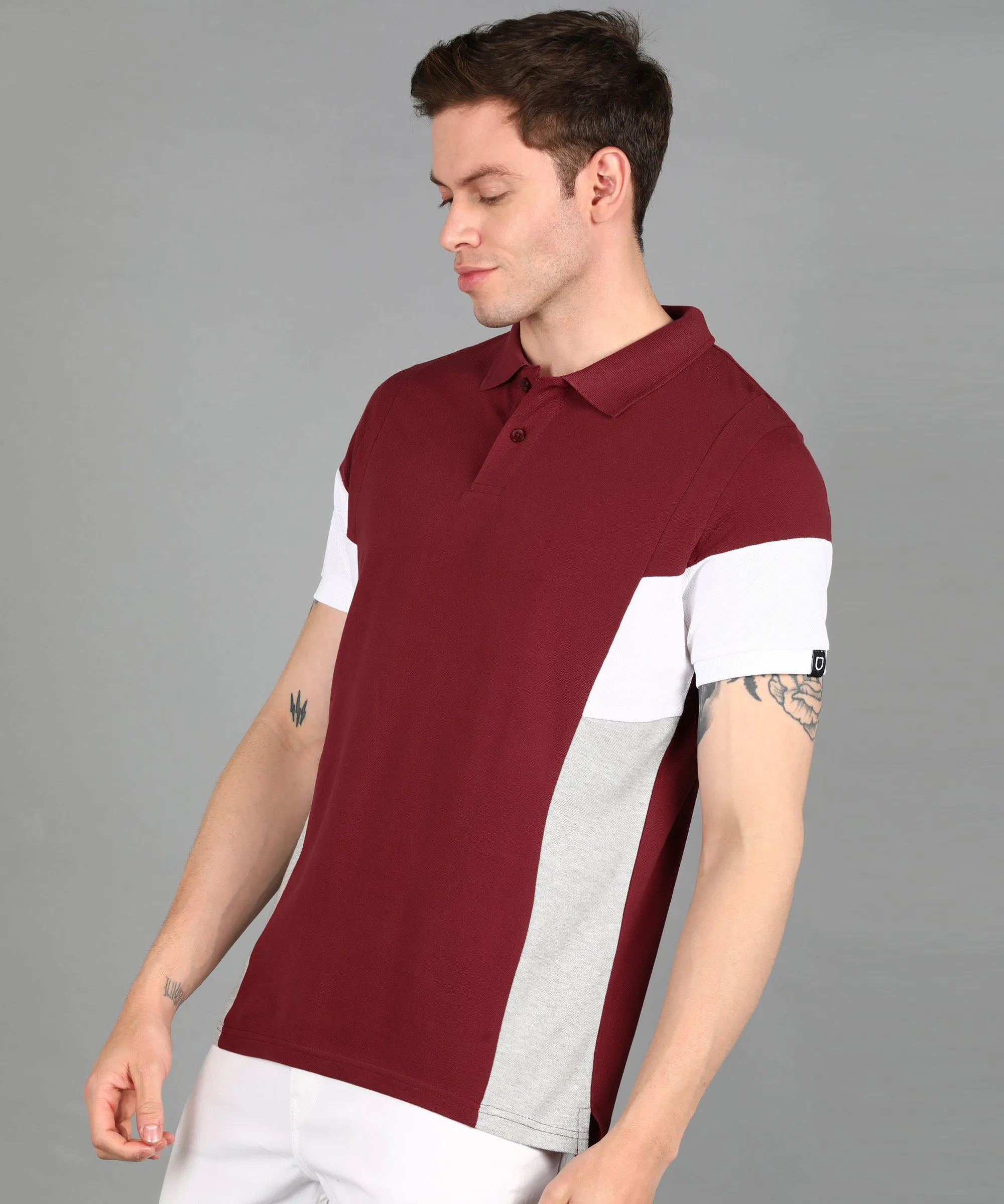 Men's Maroon, White, Grey Melange Colour-Block Slim Fit Half Sleeve Cotton Polo T-Shirt