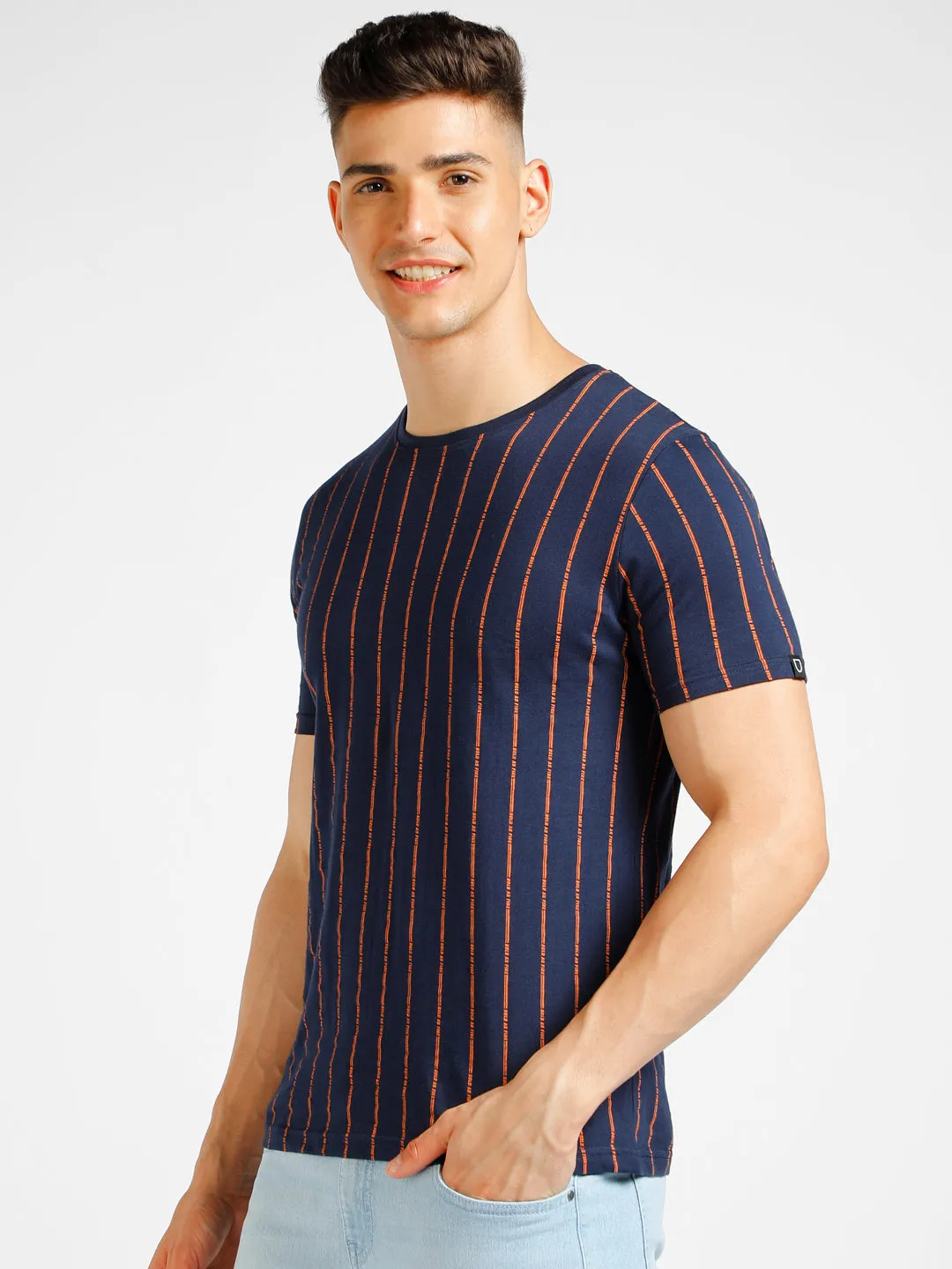 Men's Navy Blue Printed Round Neck Half Sleeve Slim Fit Cotton T-Shirt