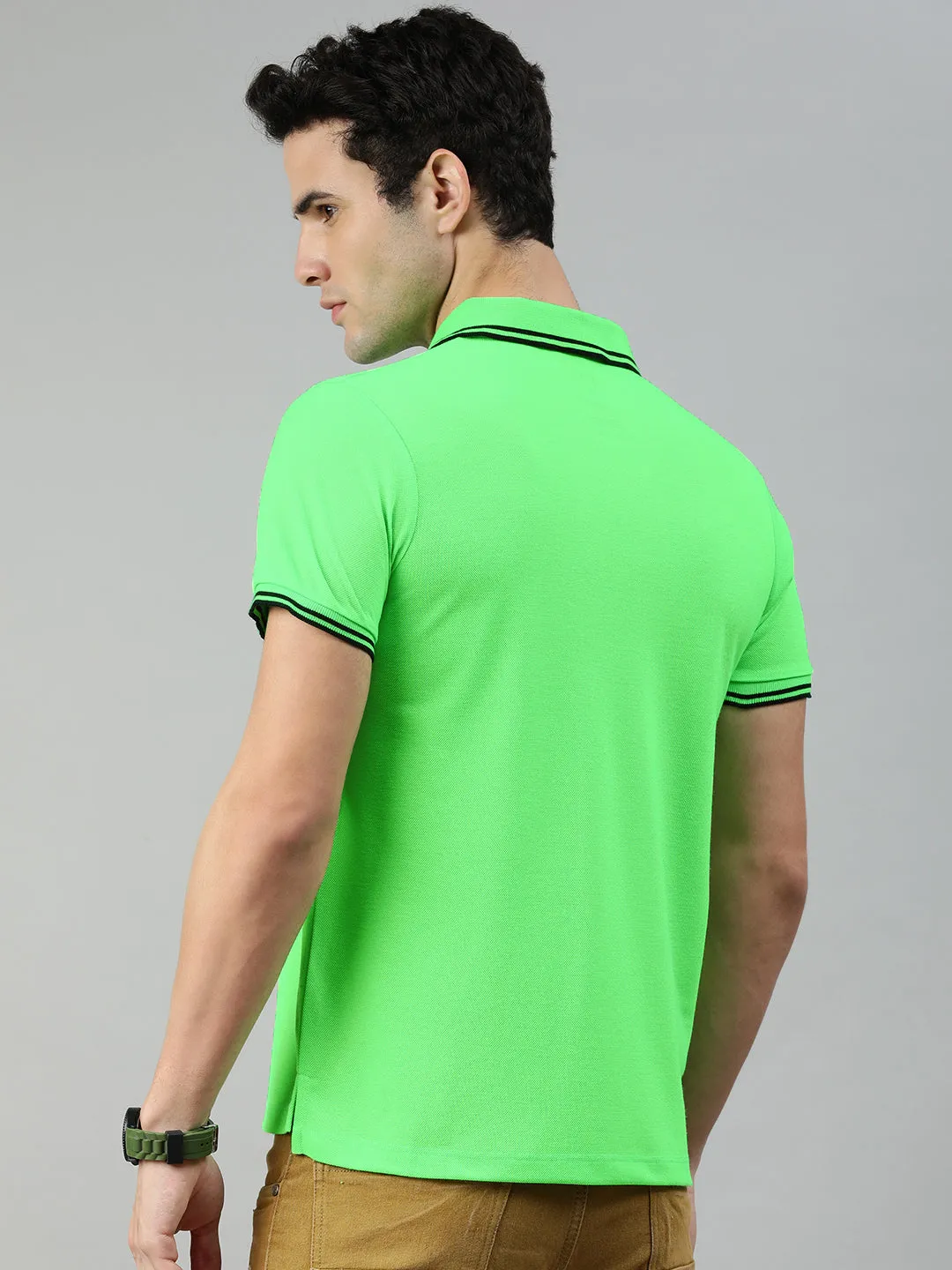 Men's Neon Green Solid Slim Fit Half Sleeve Cotton Polo T-Shirt