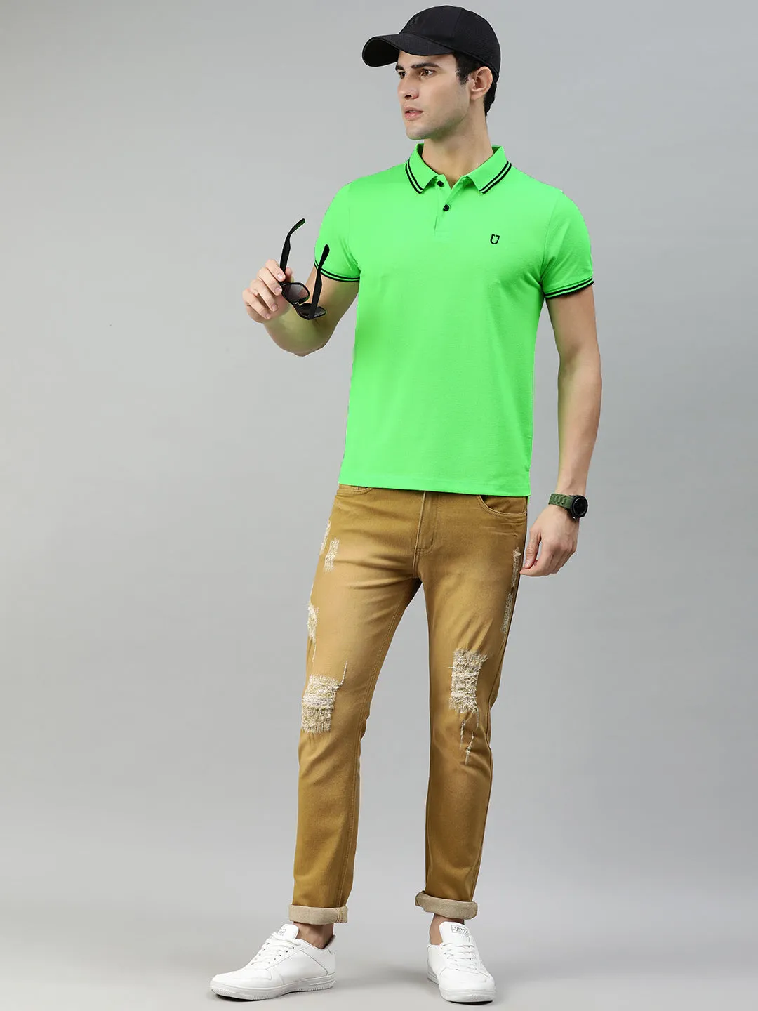 Men's Neon Green Solid Slim Fit Half Sleeve Cotton Polo T-Shirt