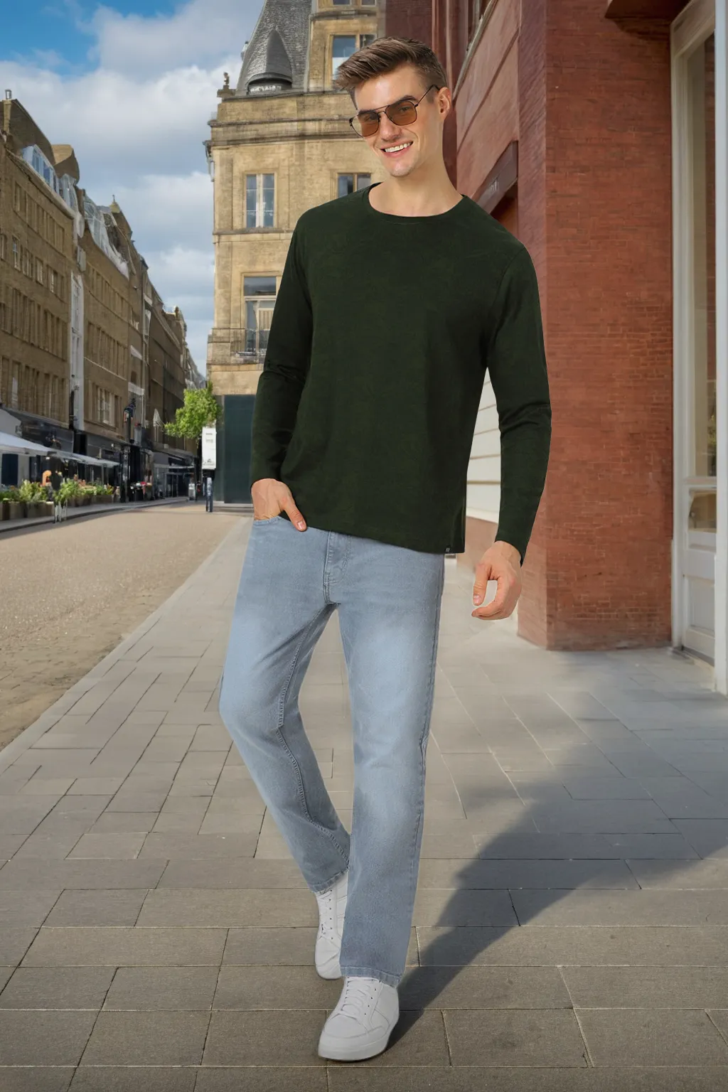 Men's Olive Green Printed Full Sleeve Slim Fit Cotton T-Shirt