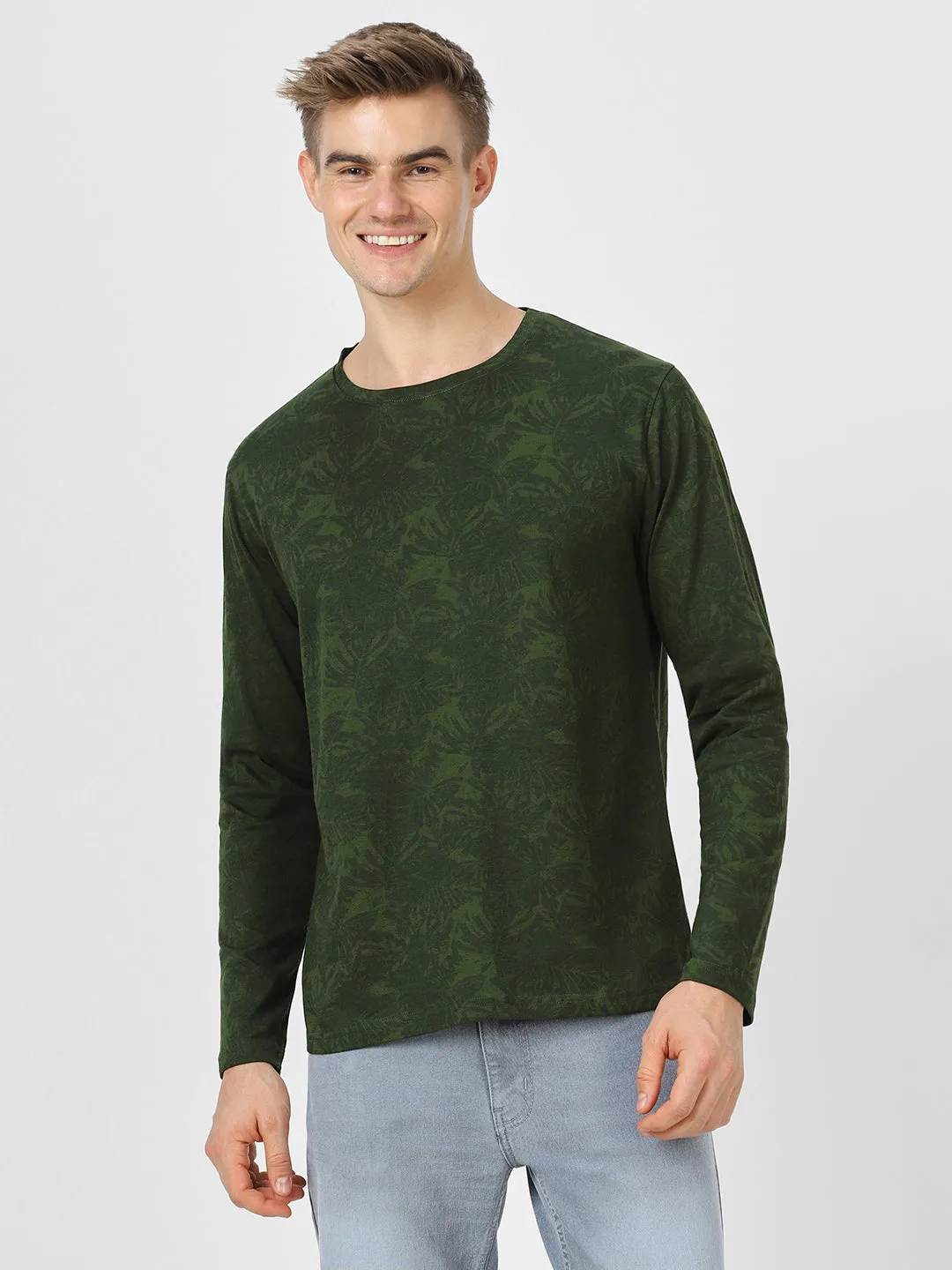 Men's Olive Green Printed Full Sleeve Slim Fit Cotton T-Shirt