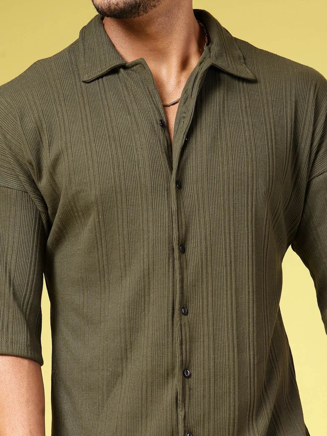 Men's Olive Ribbed Oversized Cuban Collar Shirt