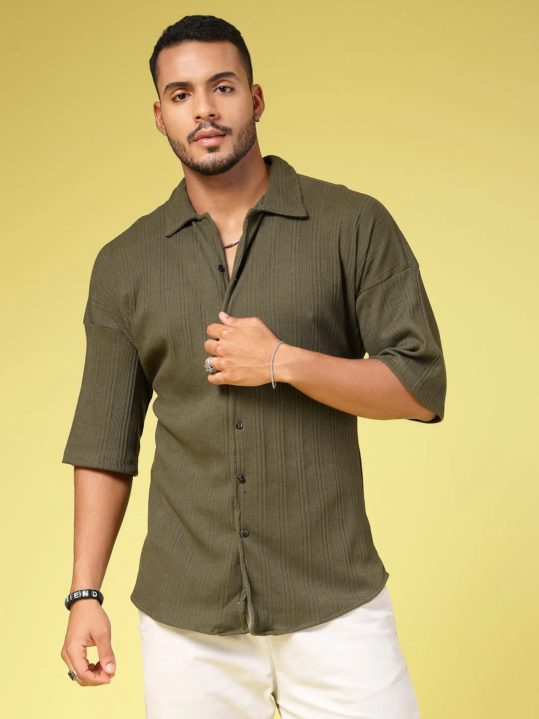 Men's Olive Ribbed Oversized Cuban Collar Shirt