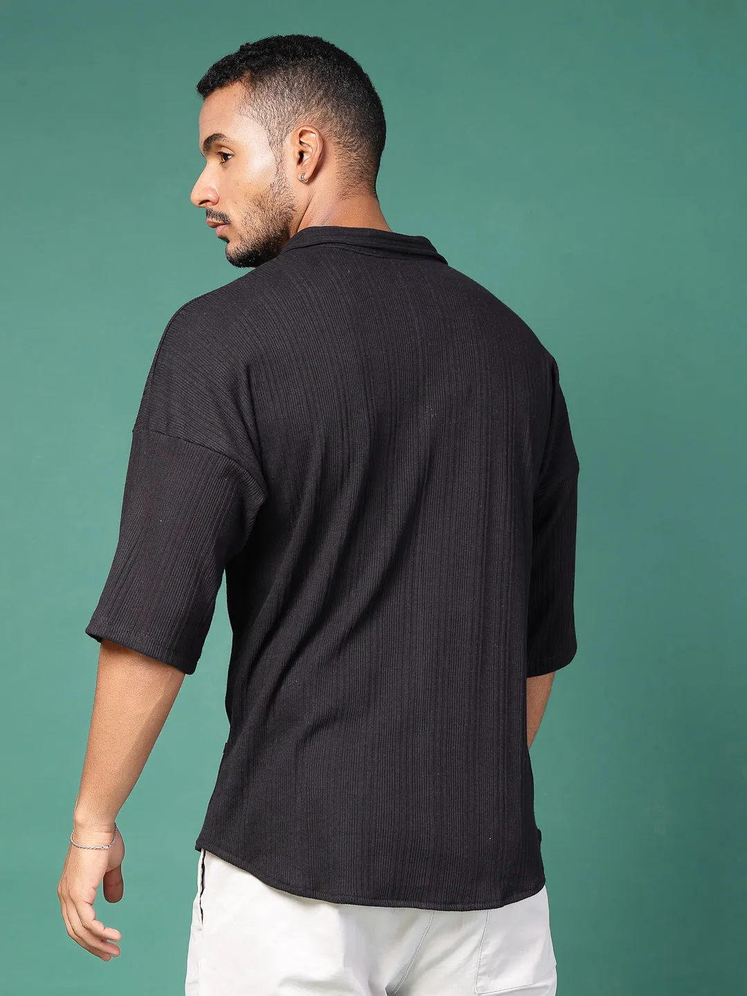 Men's Olive Ribbed Oversized Cuban Collar Shirt