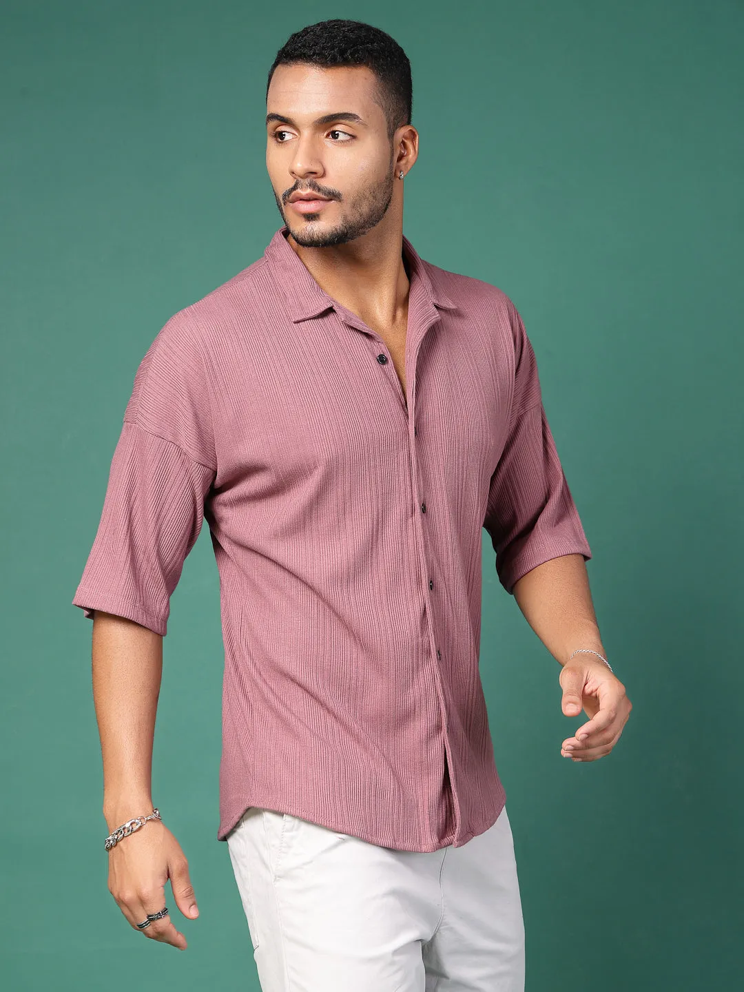 Men's Olive Ribbed Oversized Cuban Collar Shirt