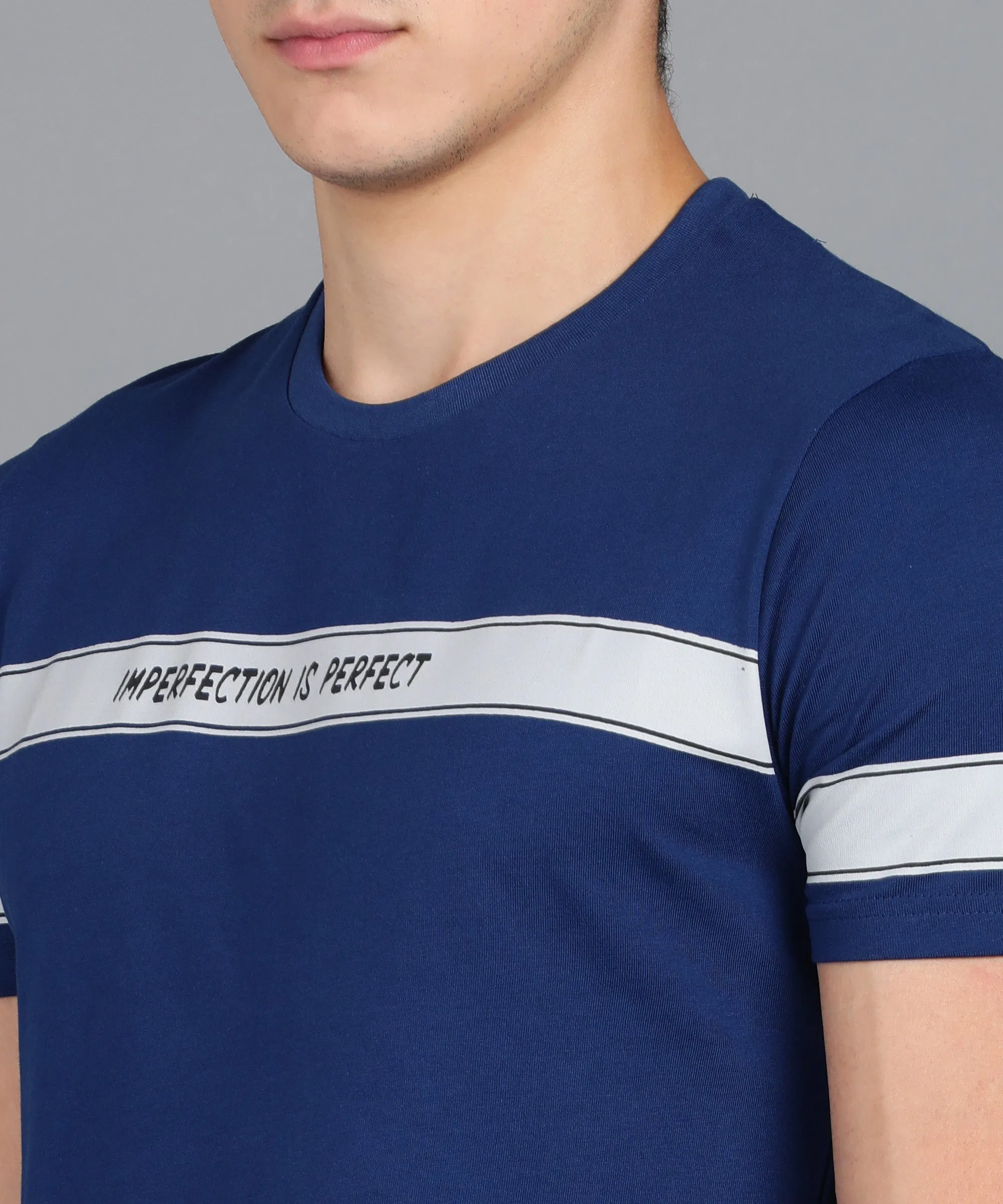 Men's Printed Dark Blue Round Neck Half Sleeve Slim Fit Cotton T-Shirt