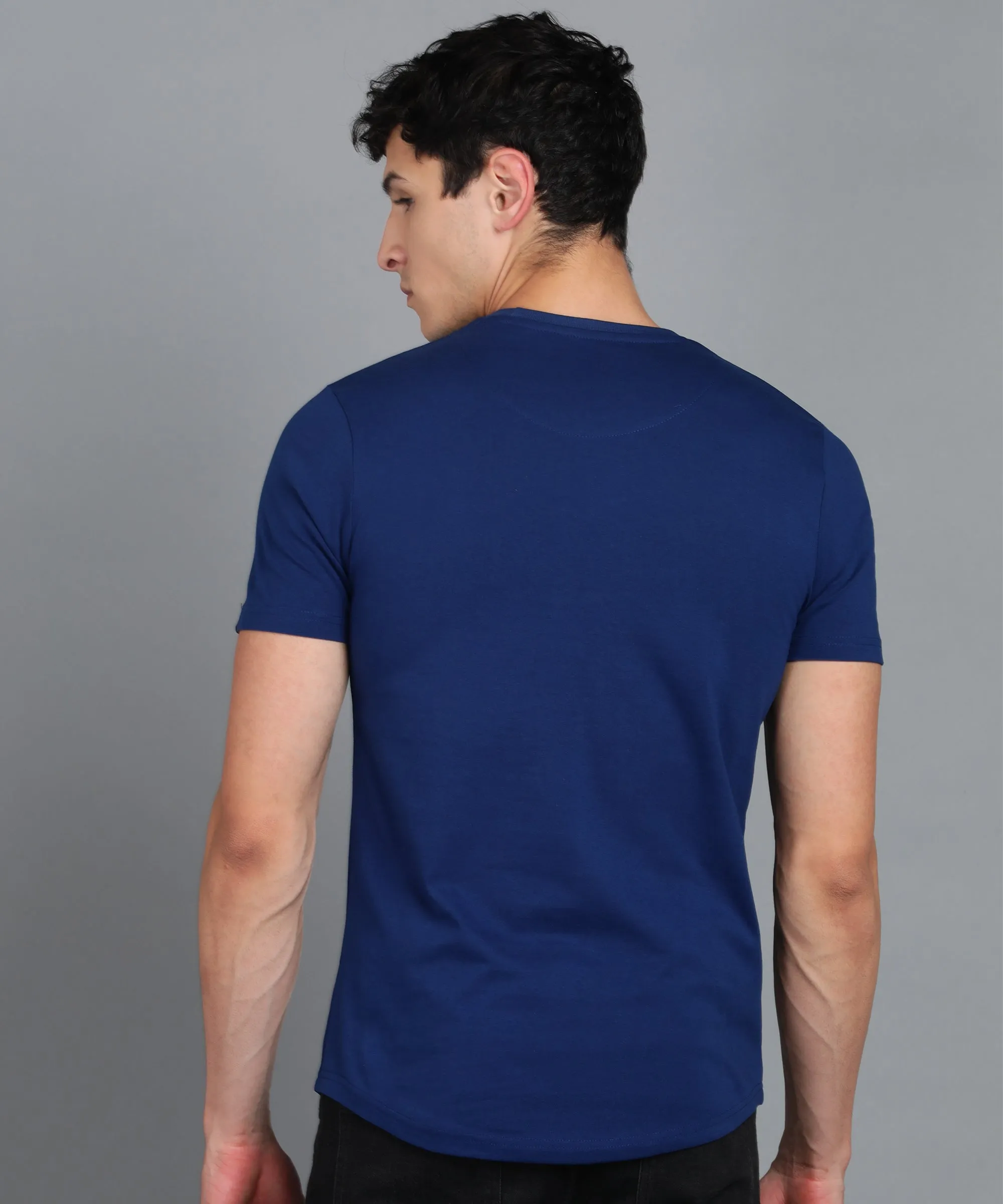 Men's Printed Dark Blue Round Neck Half Sleeve Slim Fit Cotton T-Shirt