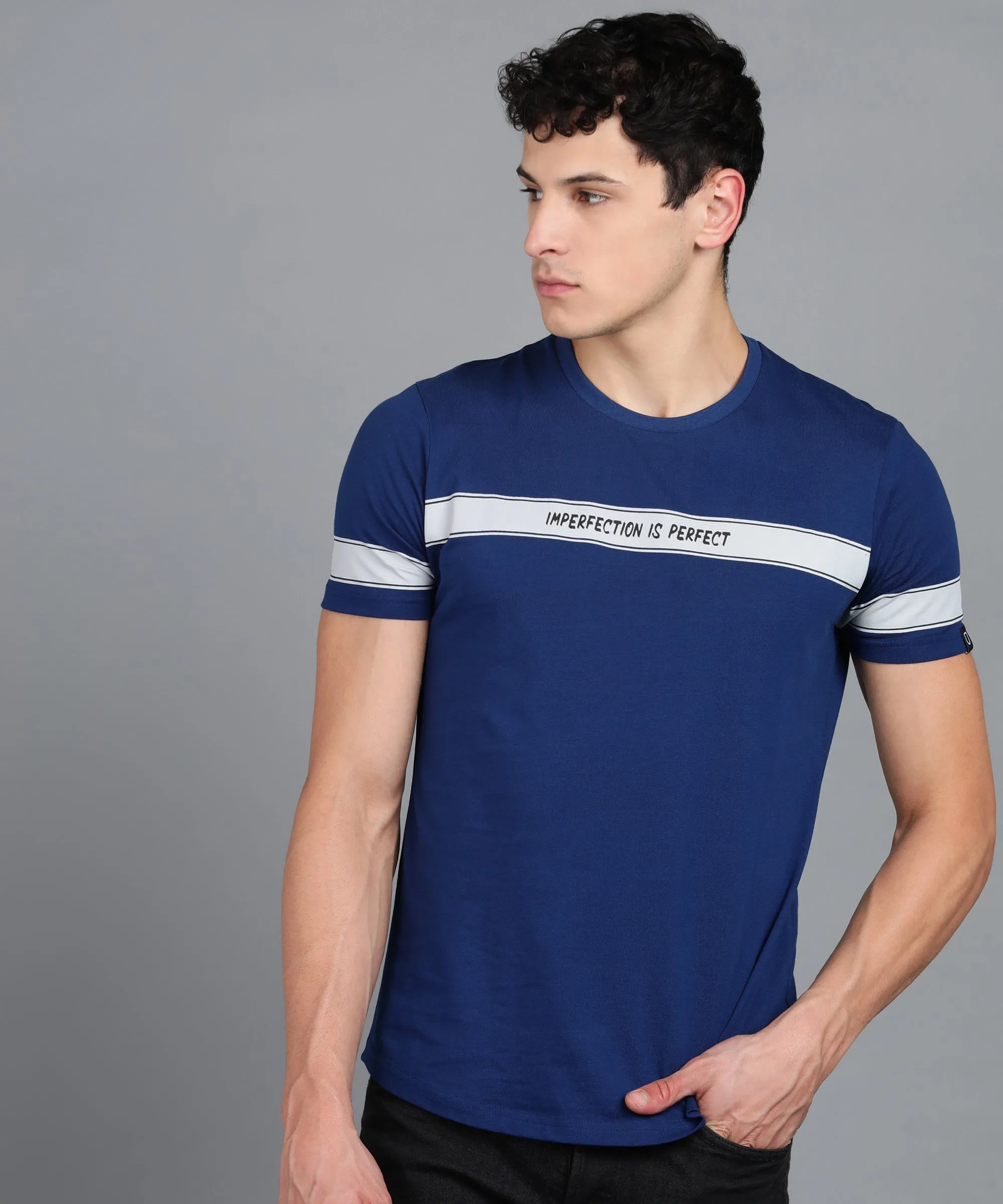 Men's Printed Dark Blue Round Neck Half Sleeve Slim Fit Cotton T-Shirt