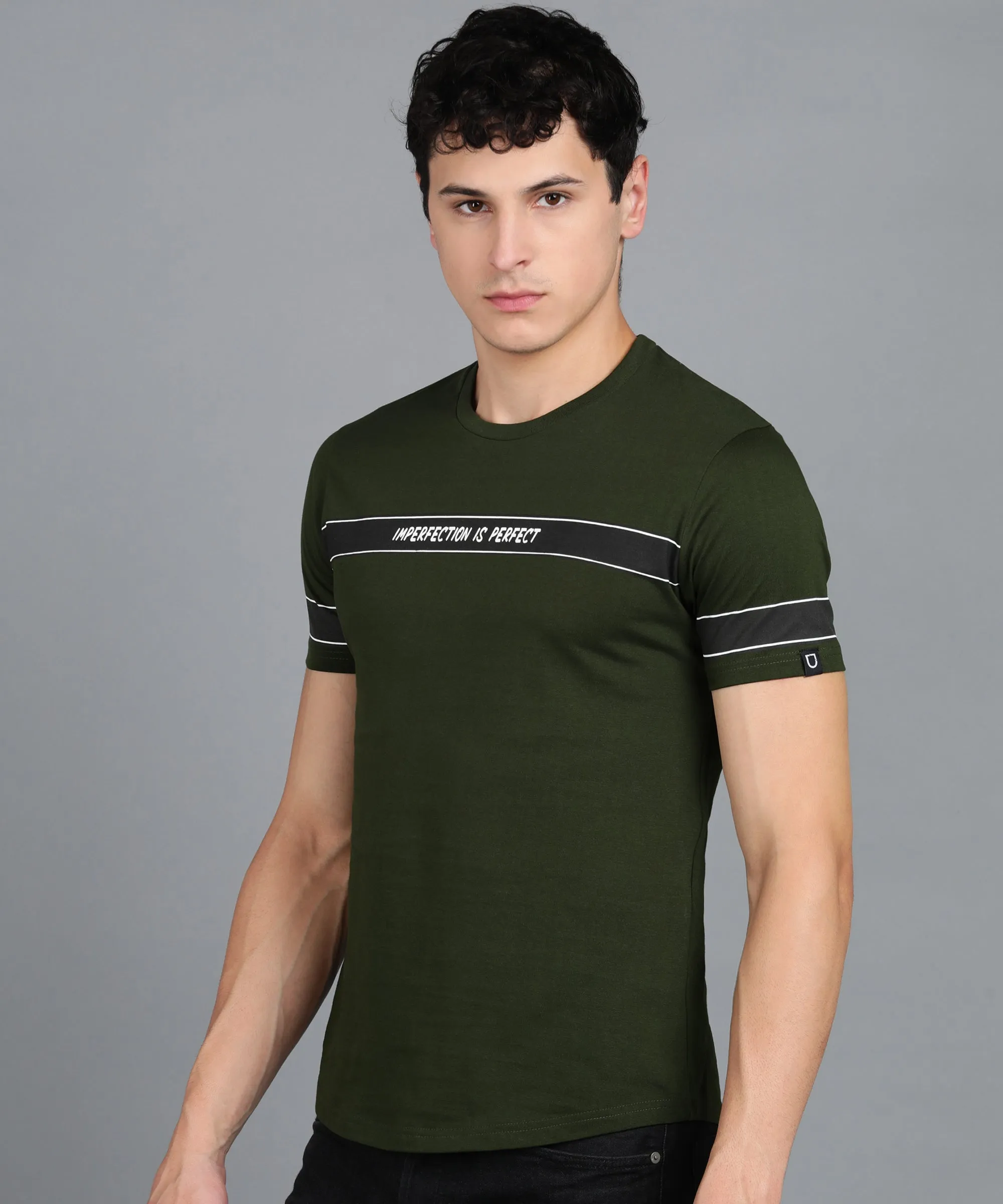 Men's Printed Olive Round Neck Half Sleeve Slim Fit Cotton T-Shirt