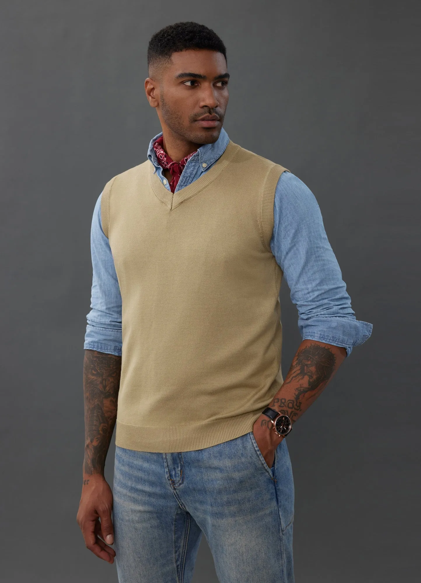 Mens V-Neck Knitted Sweater Vest Solid Plain Sleeveless Pullover Knitwears