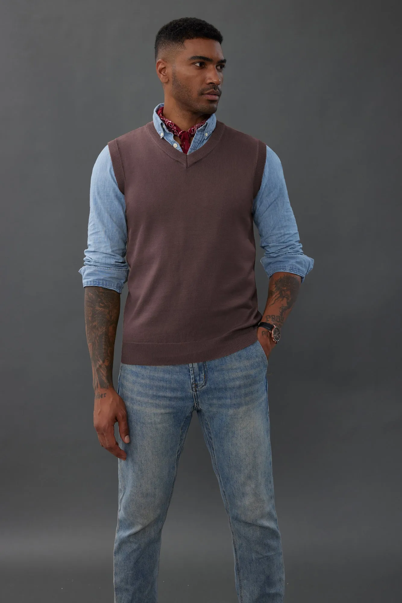 Mens V-Neck Knitted Sweater Vest Solid Plain Sleeveless Pullover Knitwears