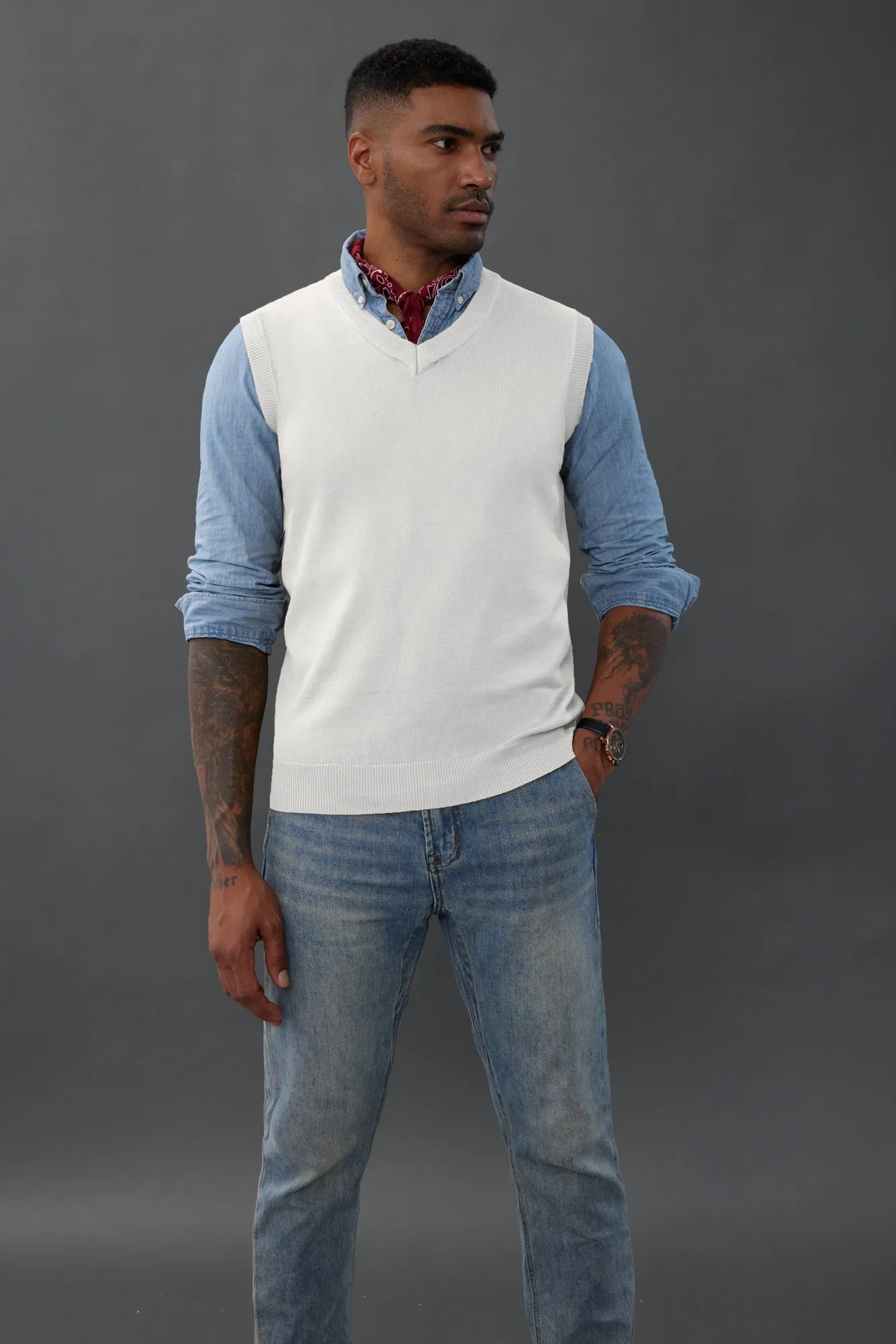 Mens V-Neck Knitted Sweater Vest Solid Plain Sleeveless Pullover Knitwears