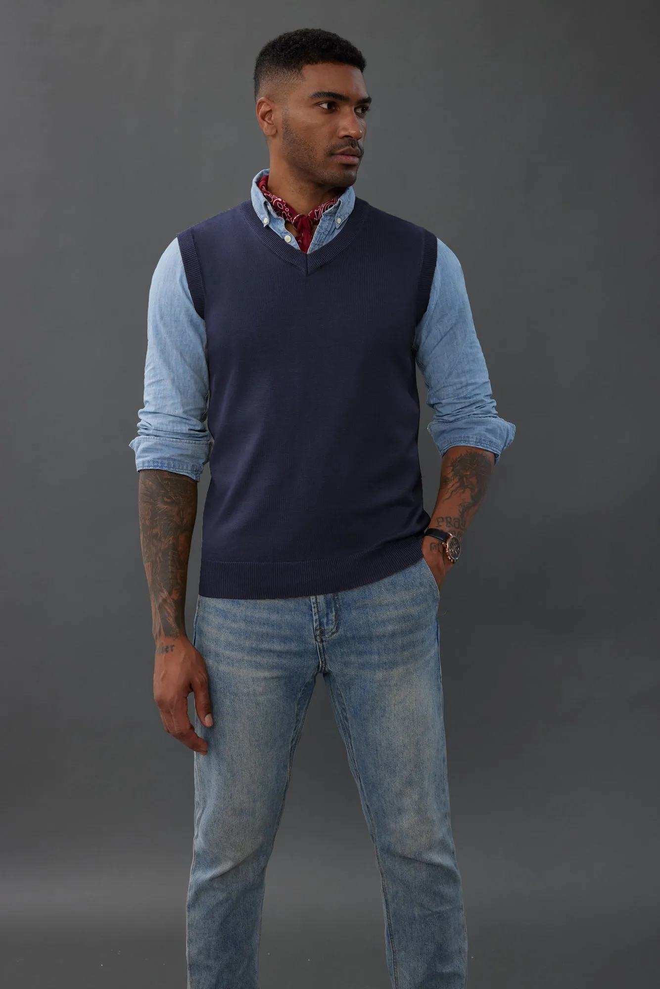 Mens V-Neck Knitted Sweater Vest Solid Plain Sleeveless Pullover Knitwears