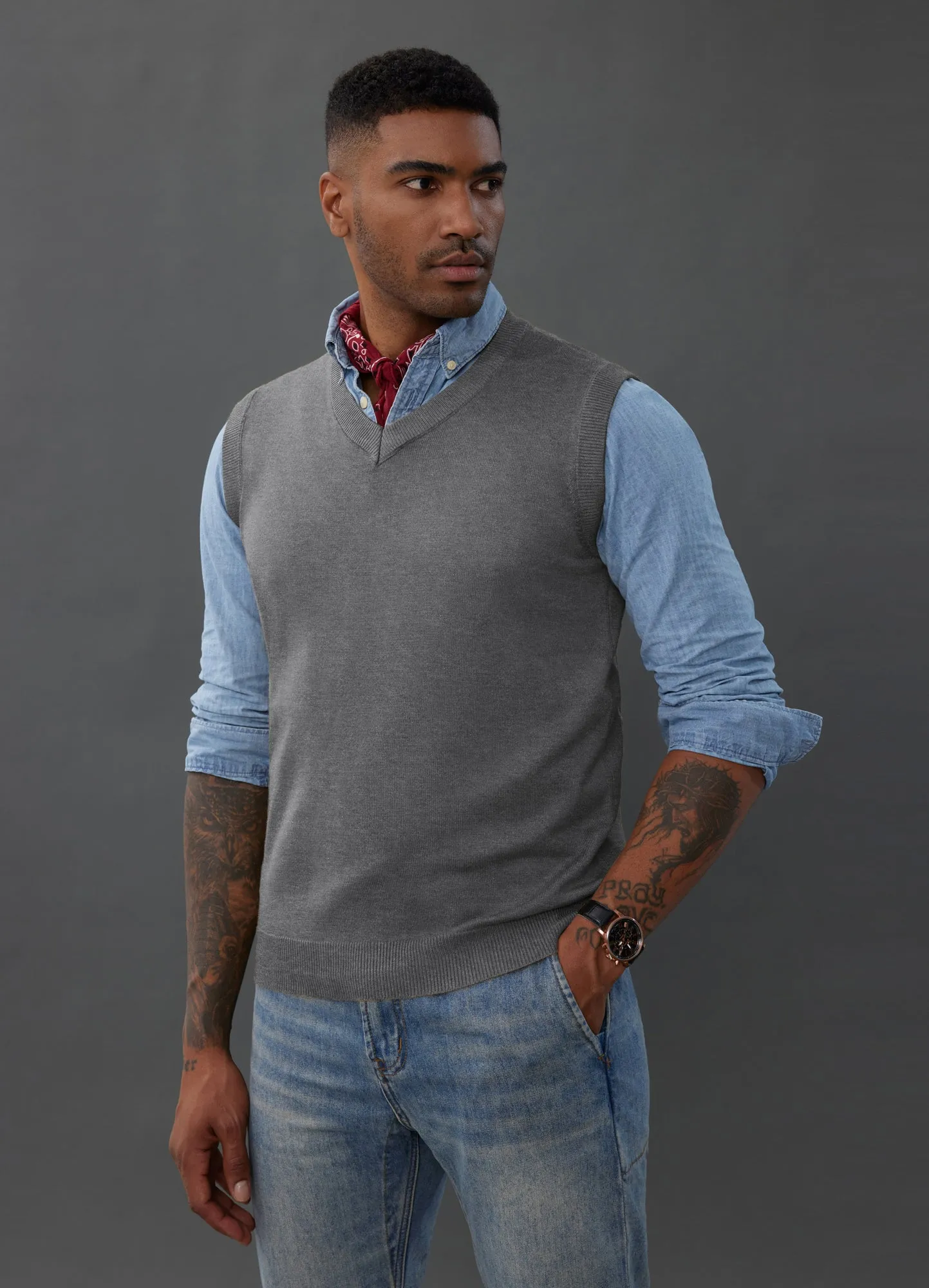 Mens V-Neck Knitted Sweater Vest Solid Plain Sleeveless Pullover Knitwears