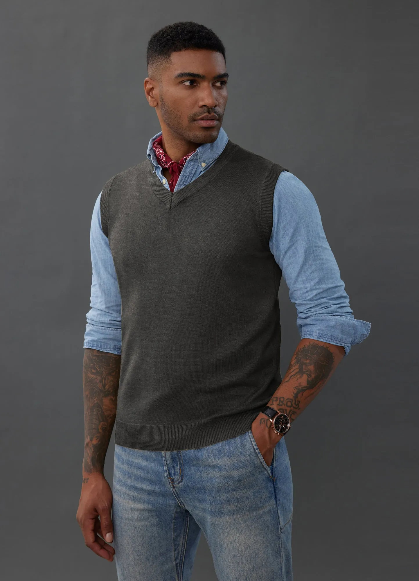 Mens V-Neck Knitted Sweater Vest Solid Plain Sleeveless Pullover Knitwears