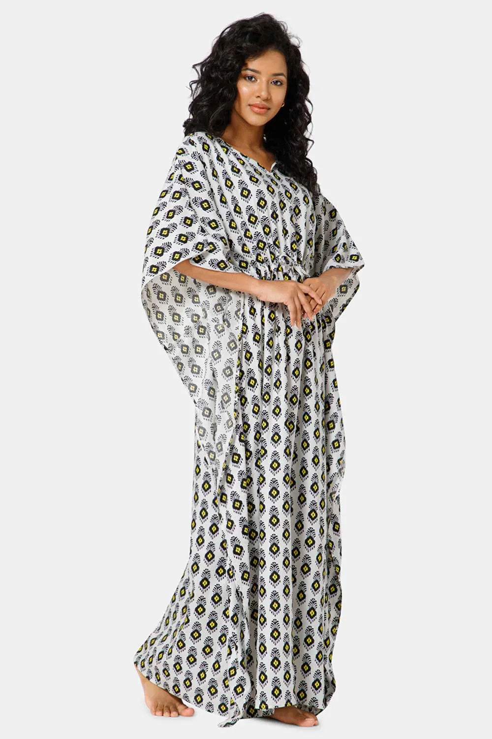 Naidu Hall  Round Neck Kaftan Style Printed Nighty-Black White - NT27