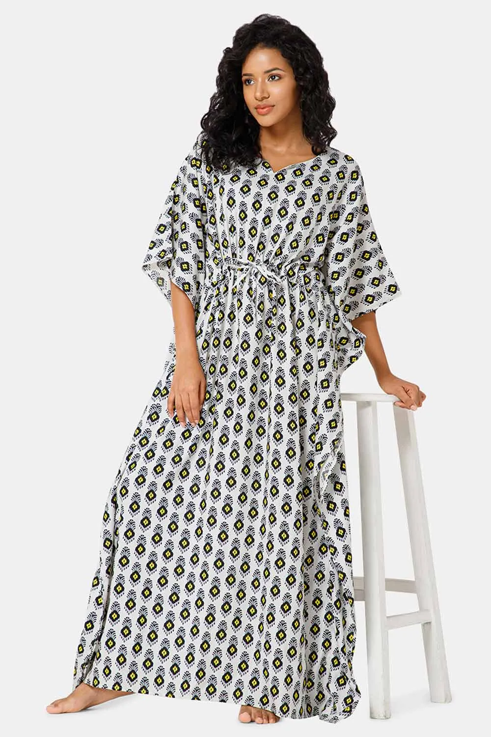 Naidu Hall  Round Neck Kaftan Style Printed Nighty-Black White - NT27